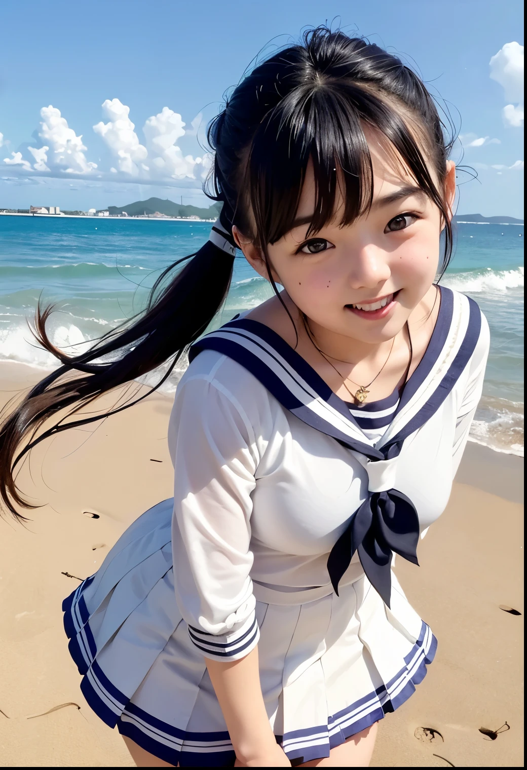 girls in beach,cumulonimbus cloud in summer sky,white swimsuit with sailor collar,18-year-old,bangs,a little smile,thighs,knees,short hair with low pigtails bunches,from below,front light