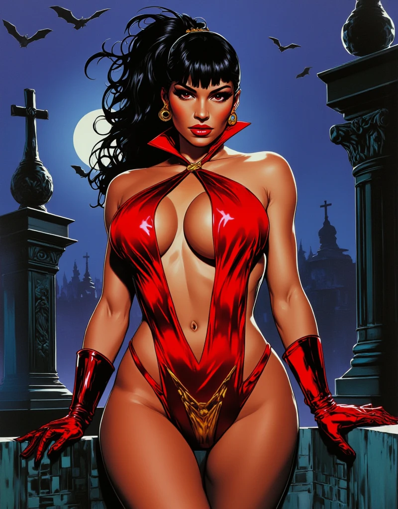 Red skin succubus tiefling, medium breasts, black horns, wings, huge tail, black leather, leotard, tall, athletic, graceful, thin, long black ponytail. Glamour shot. Dark romantic scene, night sky.