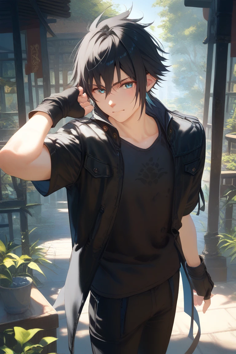 18 years old, boy, black hair, blue eyes, white tshirt and black hoodie, indifferent, standing on a fantasy battlefield, a black cat with green eyes sitting on his shoulder, and a black katana hung on his waist. 