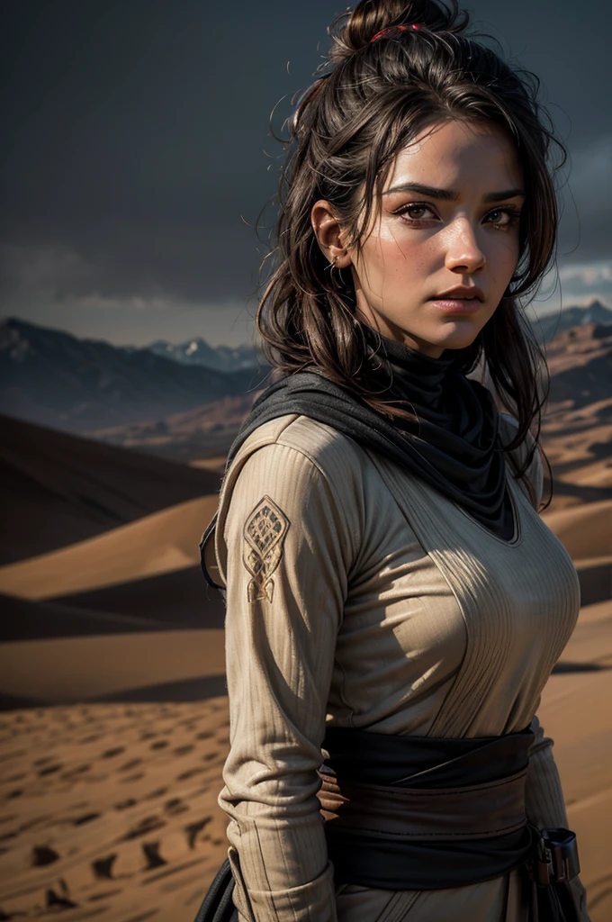 Dune style, (sks woman:1), Frank Herbert's Dune universe, in the desert, a lot of dust in the air, background of blue eyes, blue eyes (full blue eyes), 1woman, solo, beautiful detailed glow, detailed, cinematic light, intricate detail, realistic, highres, detailed facial features, high detail, sharp focus, smooth, aesthetic, extremely detailed, stamp, octane render
