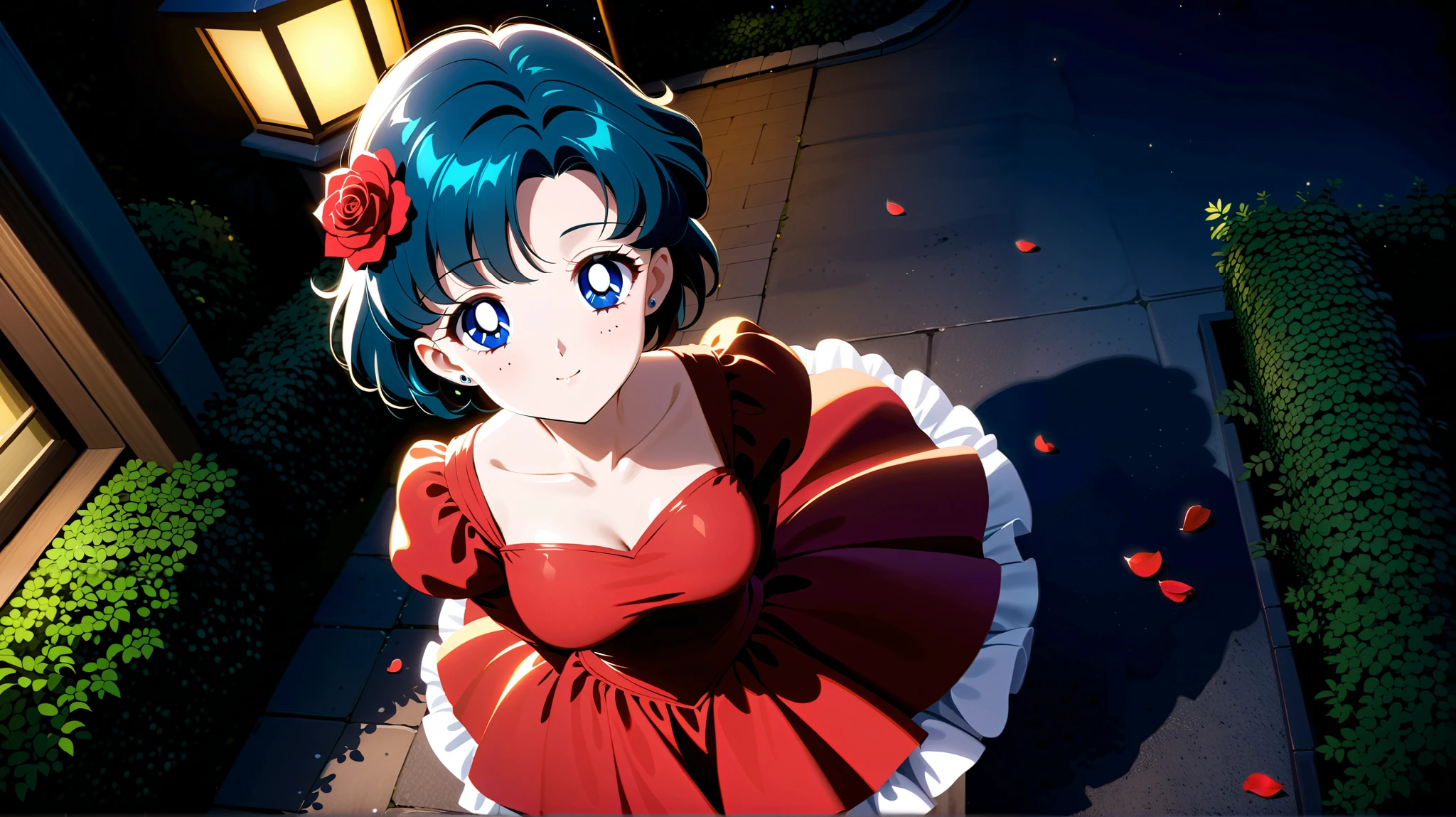 masterpiece, best quality, very aesthetic, absurdres,
,aamercury,1girl,solo,short hair,blue hair,blue eyes,flower,dress,red flower,red dress,rose,outdoors,red rose,long sleeves,hair ornament,looking at viewer,from above, red footwear,puffy sleeves,hair flower,frilled dress,puffy long sleeves,closed mouth,standing,day,collarbone,petals,frills,hair intakes,tree,smile,at night