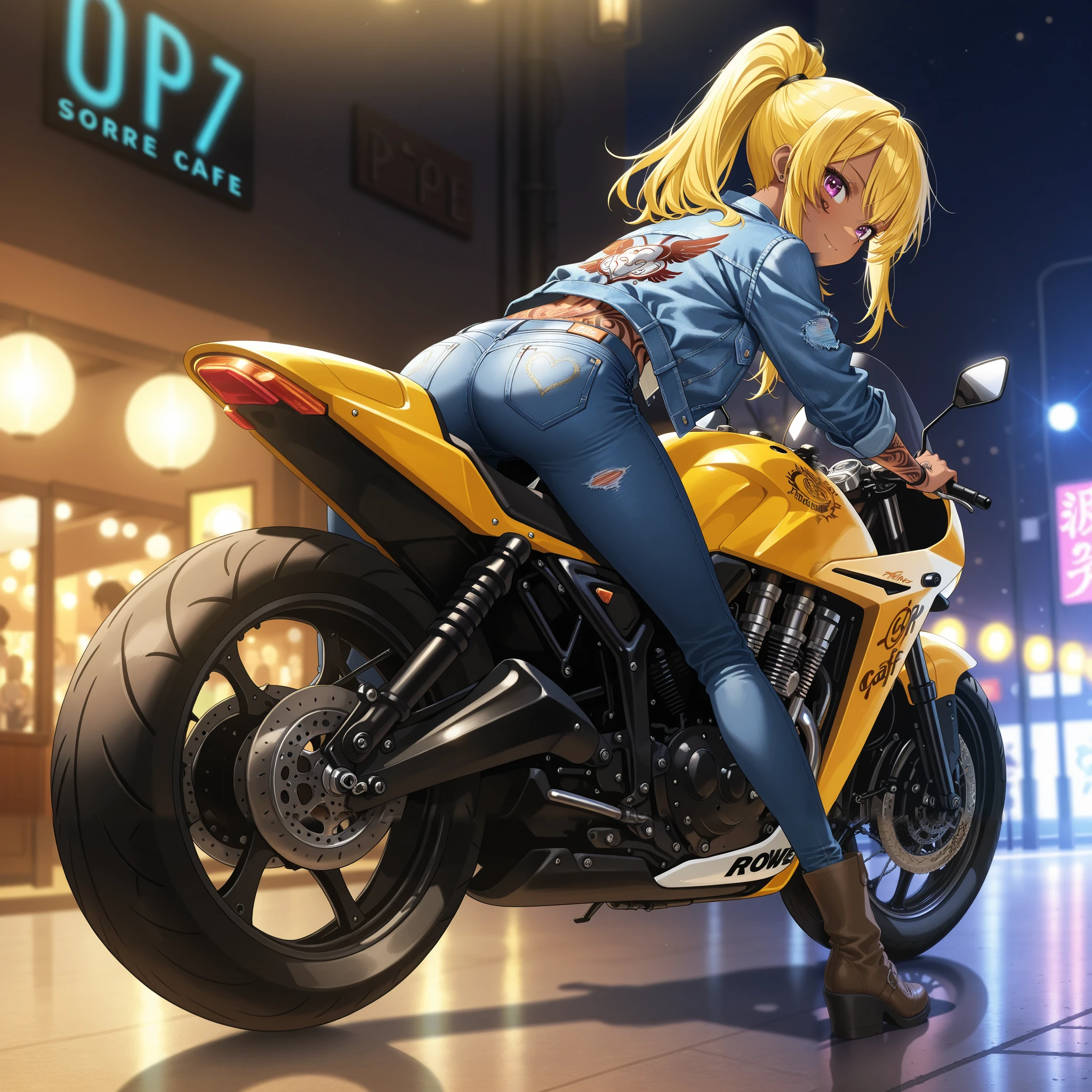 cafe racer tuned motorcycle/CBX400F/One beautiful woman riding a 、 ponytail、yellow hair、 matte brown skin 、 thin legs、 denim jacket、 SHORT JEANS 、 perfect face、 Masterpiece, anatomically correct, highest quality, textured skin, Full body tattoo/Japanese carving/、 movie light effect, anime screencap