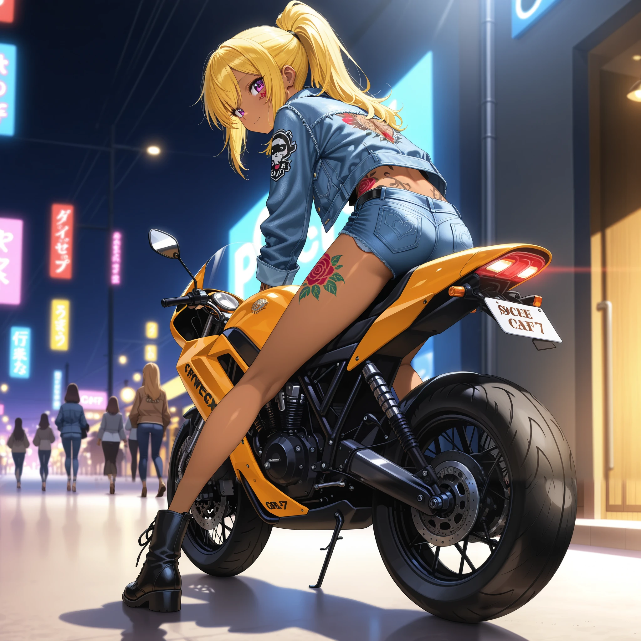 cafe racer tuned motorcycle/CBX400F/One beautiful woman riding a 、 ponytail、yellow hair、 matte brown skin 、 thin legs、 denim jacket、 SHORT JEANS 、 perfect face、 Masterpiece, anatomically correct, highest quality, textured skin, Full body tattoo/Japanese carving/、 movie light effect, anime screencap