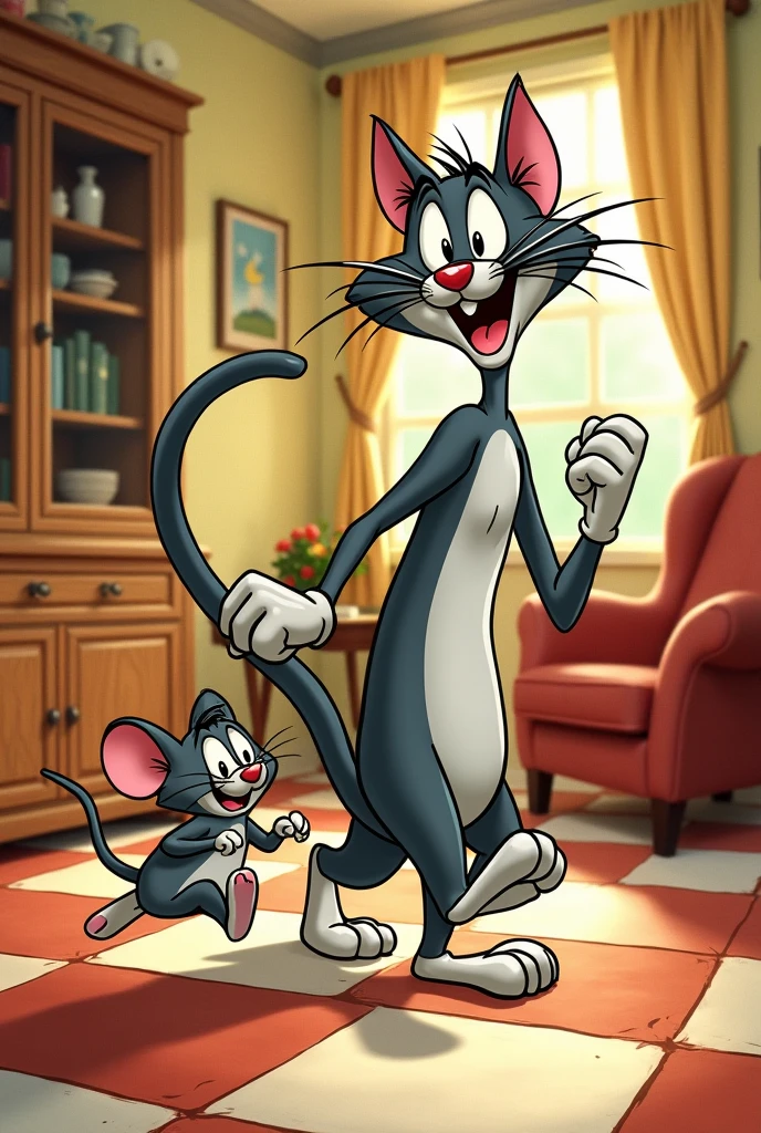 A classic 1940s-style cartoon featuring an exaggerated cat and mouse duo in a slapstick chase scene. The cat is tall and slender with expressive eyes, while the mouse is small and mischievous. The setting is a vintage living room with wooden furniture and a checkered floor. The art style is hand-drawn, with smooth outlines, bold colors, and dynamic motion. The scene is full of comedic energy, with exaggerated expressions and over-the-top physics, reminiscent of old-school animation