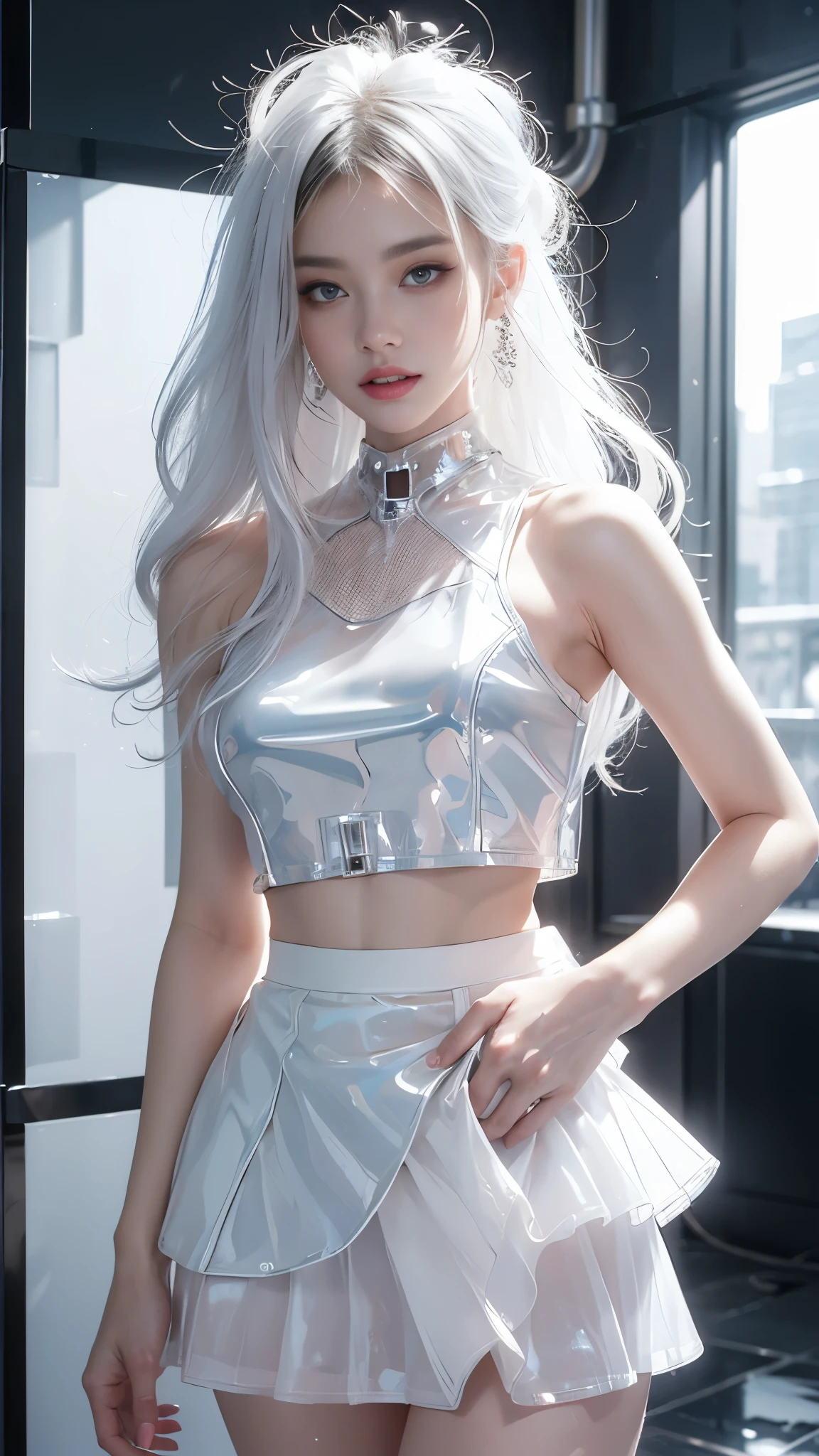 igumdrop, upper body image, wearing silver metallic off shoulder crop top