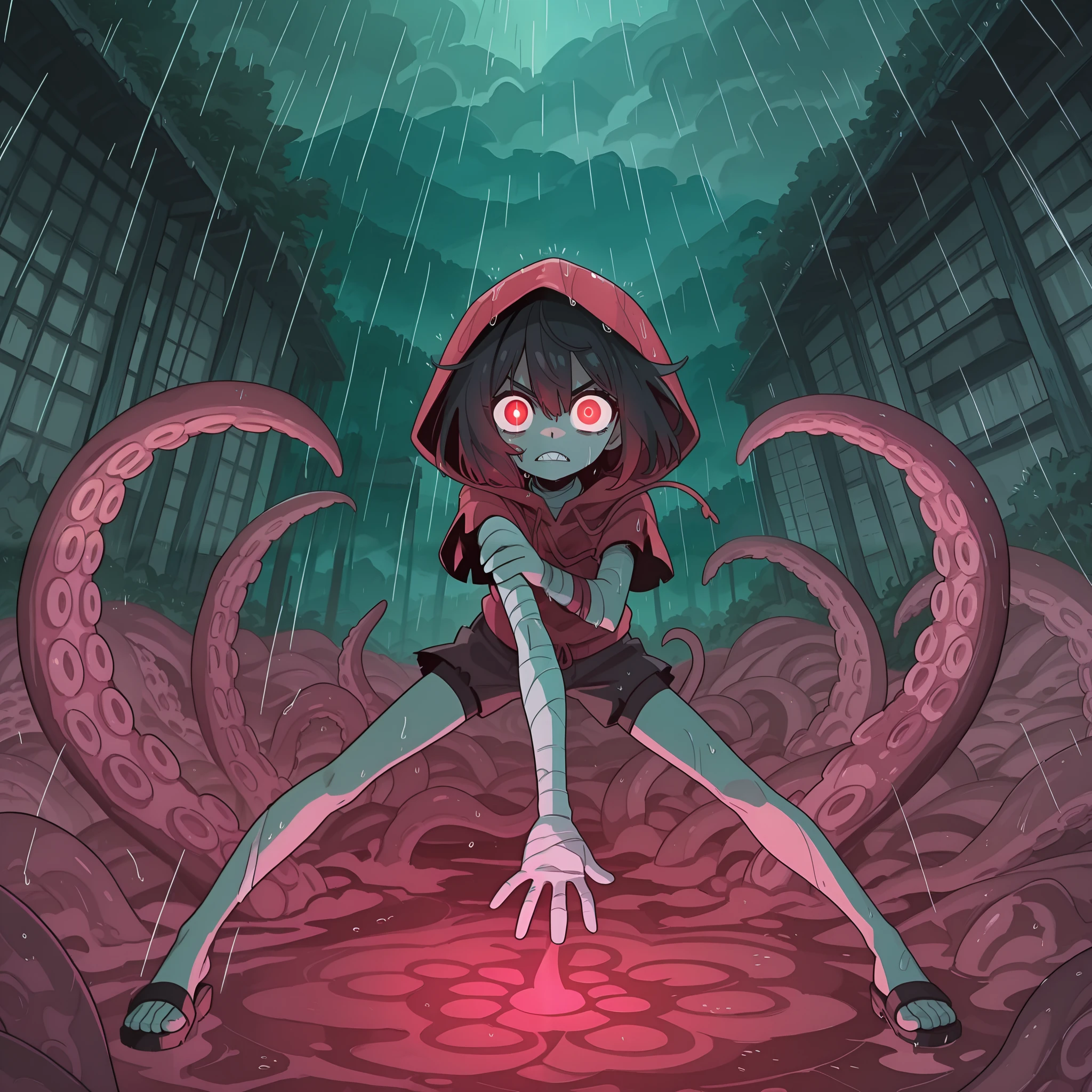masterpiece, best quality, amazing quality, very aesthetic, high resolution, ultra-detailed, absurdres, newest, Anime screencap, highly detailed, high quality, hyper-Detailed, mistico_IL. BREAK. black hair, red eyes, 1girl, hood, bandages, shorts, looking at viewer, rain, sandals, hood up, fighting stance, glowing, glowing eyes, tentacles, bandaged arm, teeth