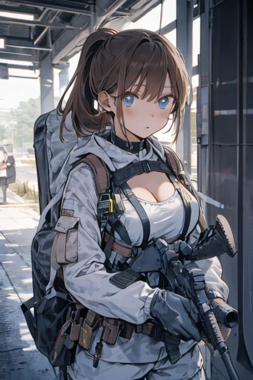 Anime girl in gas mask and big breasts exposed