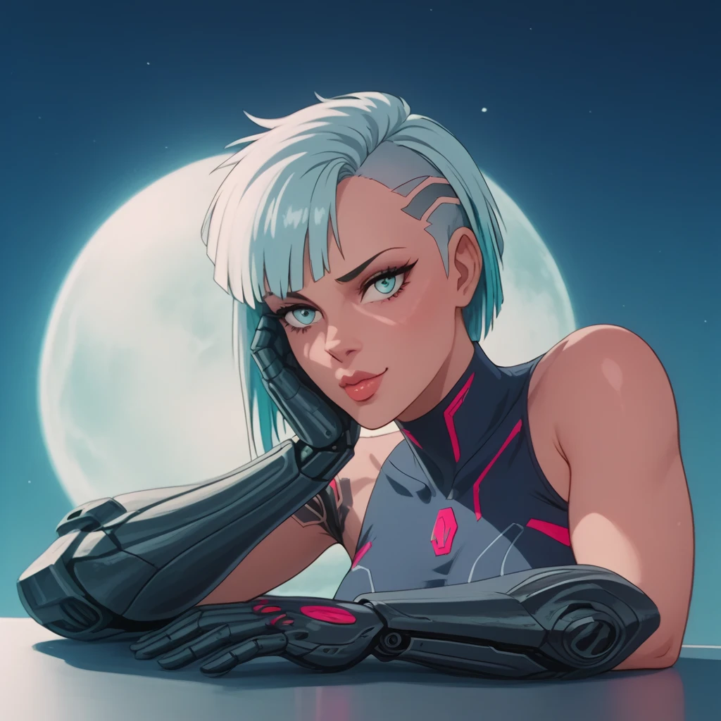 masterpiece, best quality, highres, lu1, cyborg, multicolored hair, makeup, bare shoulders, black leotard, highleg leotard, (thong:1.1), white jacket, open jacket, belt, shorts, cowboy shot, planet, moon, earth (planet)