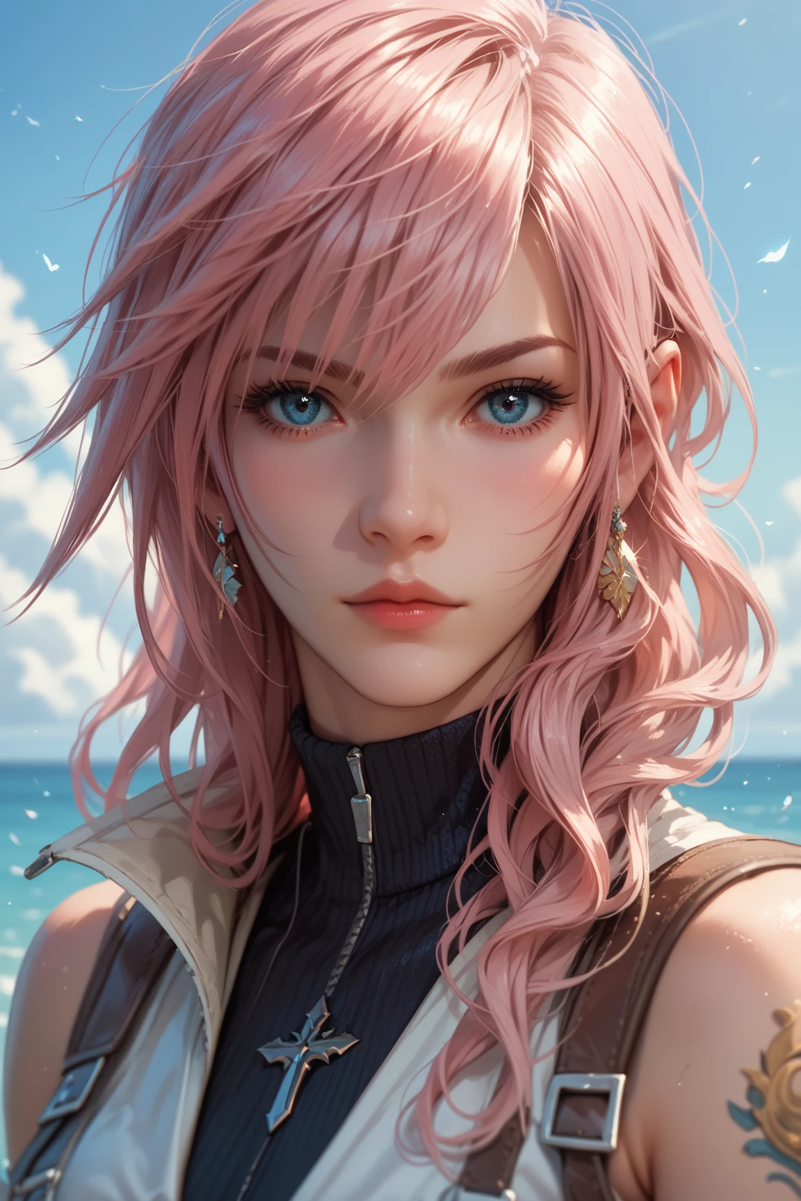 Lightning,Final Fantasy 13,Pink Blonde,Medium Hair,Light perm hair,Hair curled to one side,Let your bangs down,Beautiful Blue Eyes,Beautiful and high nose,Ultra HD,high quality,masterpiece,Digital SLR,Detailed explanation,Intricate details,Anatomical basis,Detailed Description,Detailed face,Realistic skin texture,Sharp details,Perfect Anatomy,Perfect Anatomy,Anatomically correct hand,Anatomically correct fingers,Super Detail,Complex 3D rendering,Sexy pose,Swimwear,Wet,Beautiful blue sky,Beautiful beaches,Fantastic beaches,Fantasy worldview,Picturesque,Pink Lips,smile,Brighten up your expression,
