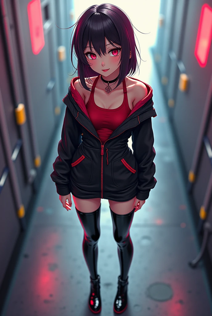 1girl, medium breasts, black hair, braids, pink eyes, rabbit ears, sweatshirt, black hoodie, open jacket, cleavage, black leggings, boots, black clothing, goth, shorts, socks, alley, city, crowd, sitting, dark, dirty, neon lights, :\< <lora:artist-rustle:0.8><lora:char-pippa:0.65> <lora:style-pastelmix-lora:0.4>
