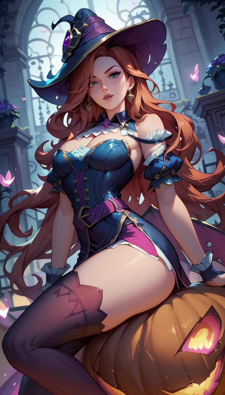 Generate a girl in her twenties. Waring an almond-colored short (approximately knee-length) dress.
 
This girl has purple eyes. She has very, very long red hair. Her lips are painted dark brown. She also has thin eyebrows (the same color as her hair). 
Her appearance should be similar to that of Latin Americans in the United States. 

Her height is approximately one hundred and eighty centimeters. 
She has a C-cup breast. 
She is barefoot. 

The area in which she is located is a magical forest with glowing purple lights.