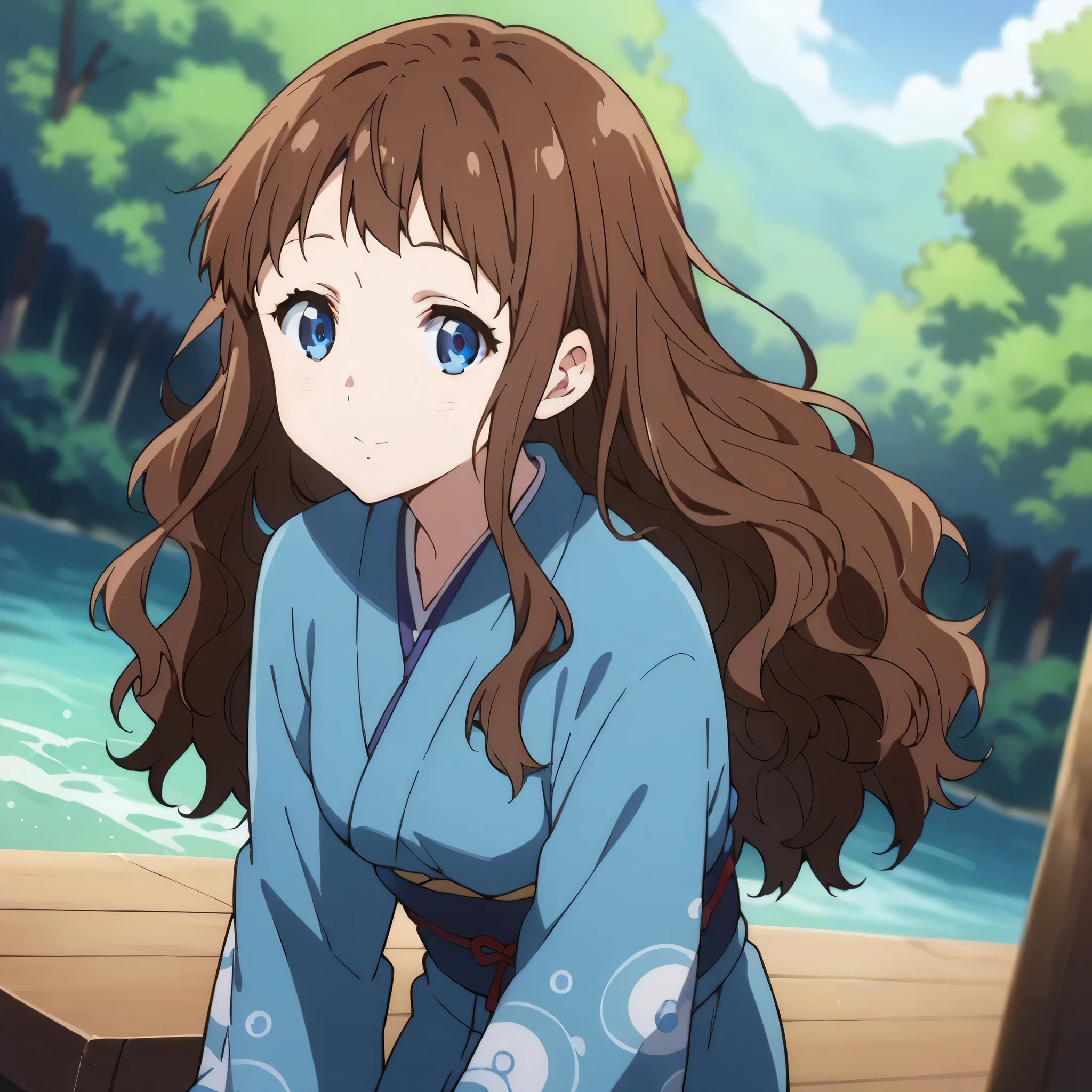 score_9, score_8_up, score_7_up, source_anime,
 ai shindou, long hair, blue eyes, brown hair, wavy hair,kimono clothes, komono outfits, music wave,
indoors, bent over, smile, forest, sit on a fallen tree,
looking at viewer, cowboy shot, dutch angle, solo,