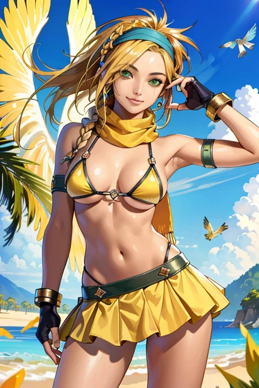 (masterpiece, highest quality:1.3)
backpack FF10,  1 girl, alone, long hair, chest, skirt, blonde hair, hair ornaments, gloves, belly button, green eyes, swimsuit, Braid, bikini, removed sleeve, miniskirt, fingerless gloves, scarf, head band, bird, bikini top only, @_@, yellow bikini, blue head band,super high quality,super high quality,masterpiece,digital single lens reflex,realistic,Detailed details,vivid details,depicted in detail,detailed face,Detailed details,Super detailed,realistic skin texture,based on anatomical basis,perfect anatomy,anatomically correct hand,anatomically correct fingers,Complex 3D rendering,sexy pose,beautiful yellow tulip field,Final Fantasy Worldview,Fantastic night view,fantastic night sky,beauty like a painting,smile,bewitching beauty,phantom river, (micro bikini, large breasts)