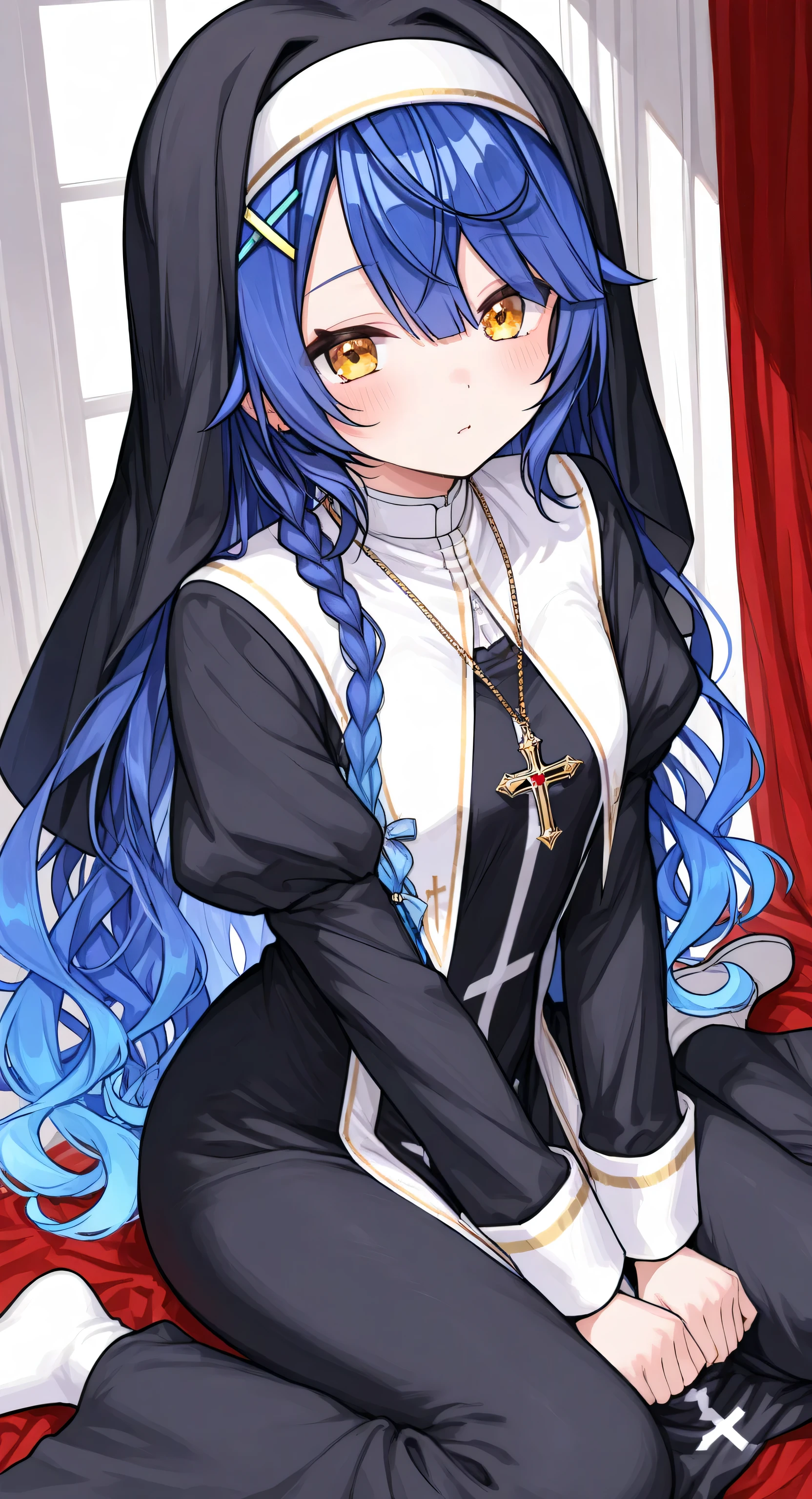 Amamiya kokoro, Nijisanji, wariza, nun cassock clothing, priest, solo,