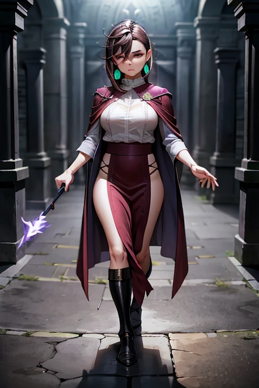 Escena UHD 8K, Hyper-real photo quality, hermosa joven, Pelo rojo, ojos azules brillantes, Pink short dress with thief costume, Purple hooded corporal, personaje Sheila de Dungeons and Dragons, En medio de un bosque
