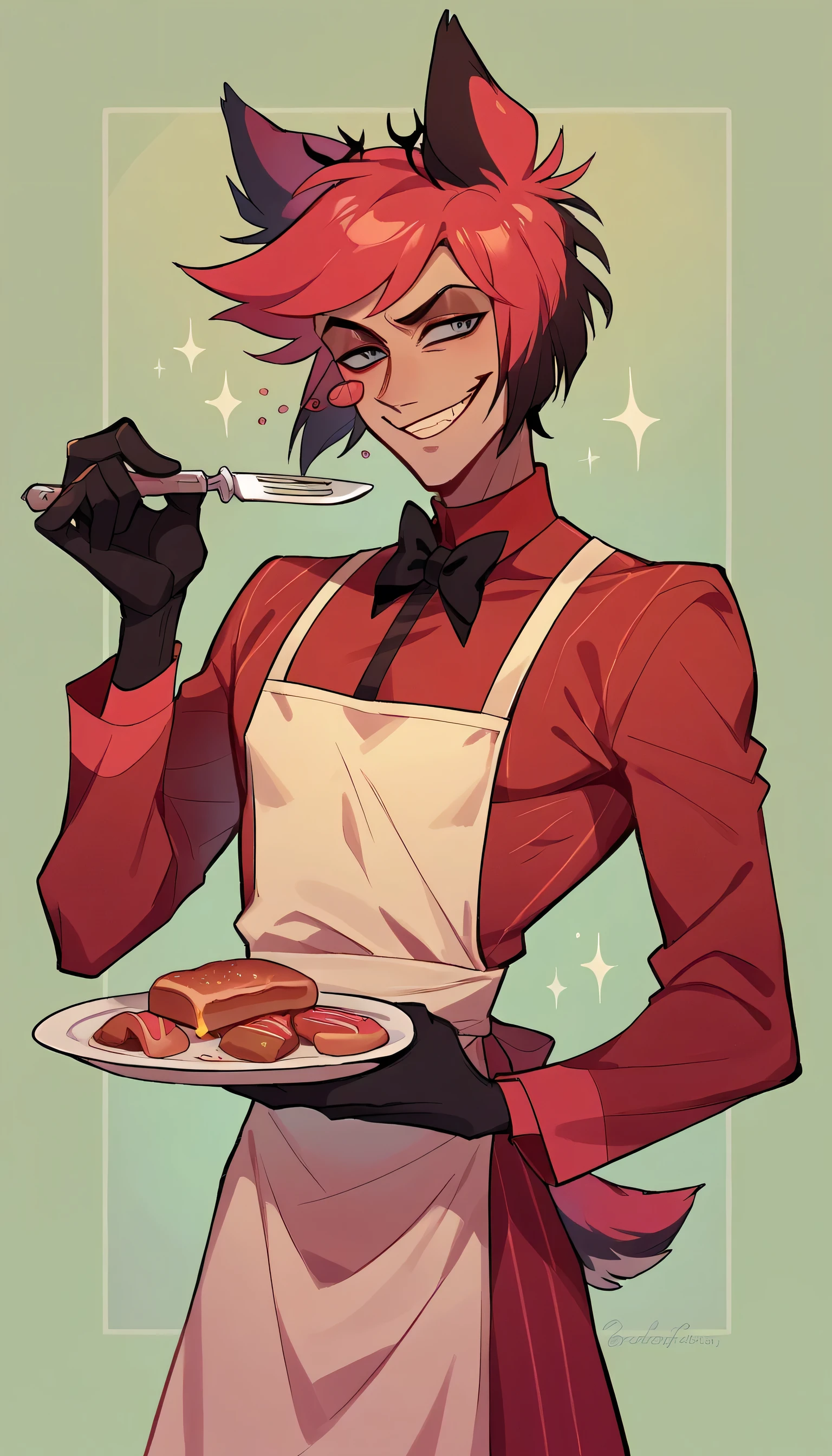 better quality, very detailed illustration , 1 boy, delgado, male body, thin waist , simple drawing, Artifyber style , pastel flat colors , Alastor, animal ears, solo, smirking, wearing apron, holding knife, holding plate with meat on it