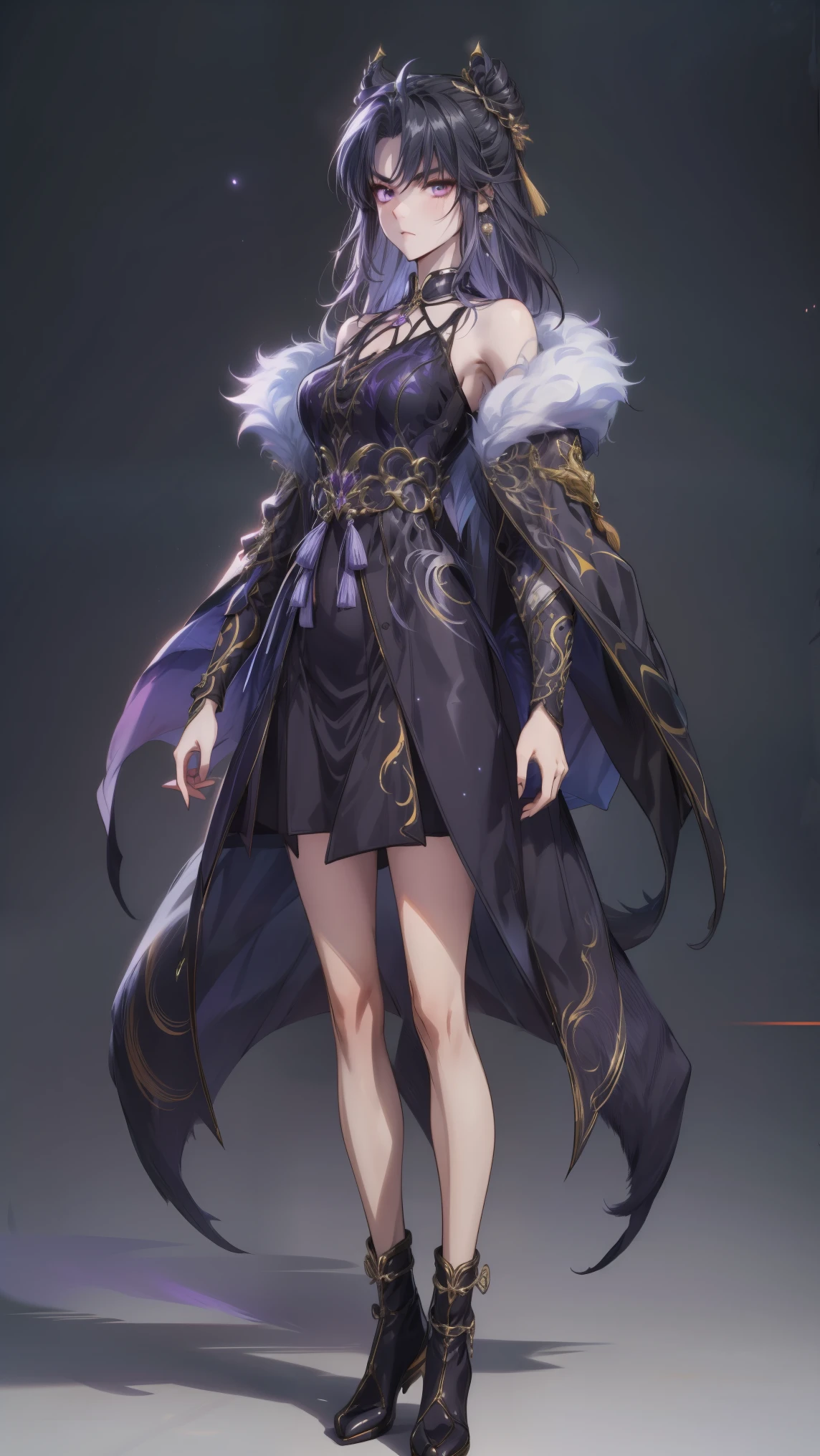 Masterpiece , best quality, 1 Xiao Wu , Face Color Looks Cool , Strong, Golden Left Eye , Red Right Eye , Long hair, Black hair, Firm Eyes , Simple Uniform , Black Long Earrings , Chinese Morden Hybrid , Front Photo , simple background, purple Background , Anime, illustration, Full body , bun hair , black fluffy animal coat on shoulders , tiny girl