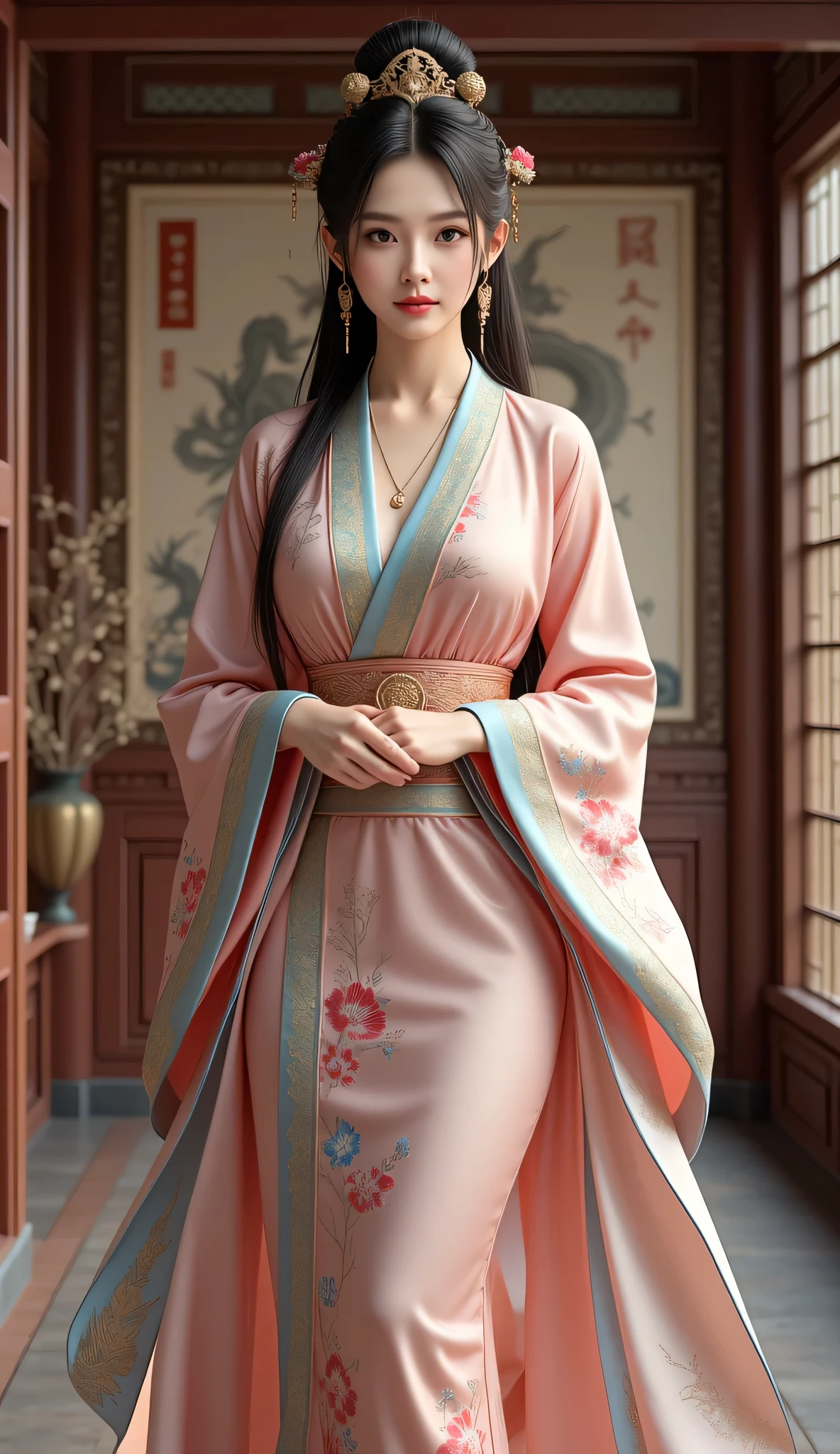 **Prompt:** Envision a serene scenery afternoon in an ancient Han Dynasty dwelling, with the rustling of silk and the soft whisper of traditional kimono dress. Create a hyperrealistic full-body portrait of a beauty Chinese female character, exuding vivacity and grace. She is adorned in a flowing traditional silk kimono shapely dress, intricately embroidered with delicate patterns that reflect the rich artistry of the era. Her gentle smile radiates warmth, inviting the viewer into her world. Utilize a wide-angle distance view shot that captures her in a majestic pose, directing the viewer's eye through a symmetrically composed scene enriched by central leading lines. Position her against a backdrop that features intricately designed wooden beams and ornate decor of an ancient oriental interior, showcasing elements like scrolls and paintings that hint at the cultural depth of the time. Implement soft, diffused lighting to accentuate the shine of her long, silky hair and the lifelike features of her face, ensuring every detail, from the texture of her kimono to the delicate ambiance of the room, is rendered with immaculate precision. The artwork should evoke an immersive ancient oriental theme, harmonizing textures and vibrant colors that reflect the enchanting allure of MajicMix or silkpunk aesthetics. Capture the essence of tranquility and grace, illustrating a moment that resonates with the sweet simplicity of life in another time.