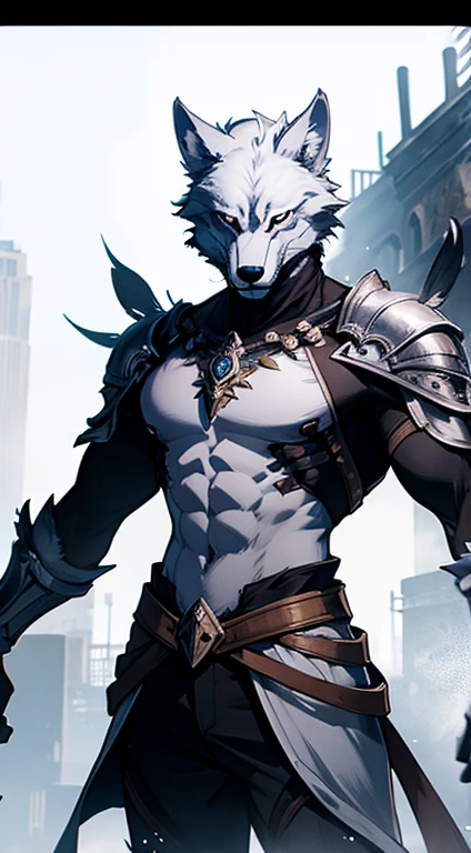 Blue-white fur wolf, wearing armor, charismatic gaze, Black magic, background forest, best quality, standing, muscular, black aura, detail background, detail fur, perfect eyes, detail face, perfect all, masterpiece, topless, detail body