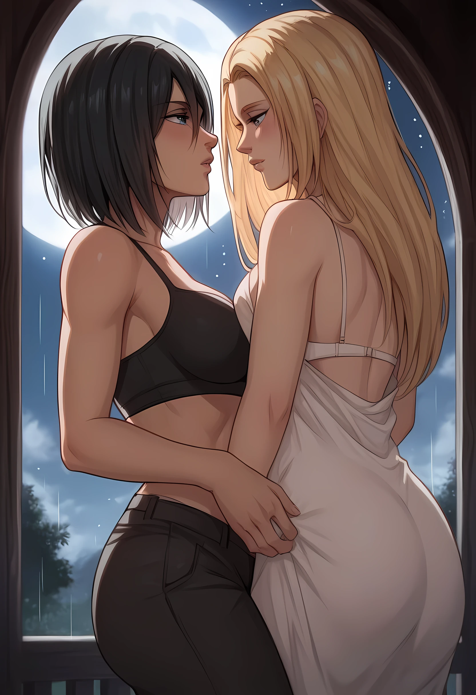 score_9, score_8_up, score_7_up, BREAK source_anime, historia reiss, blue eyes, blonde hair, long hair, medium breasts, long white dress sleeveless,female black hair soldier hugs historia from behind,Mikasa with historia hugs historifrom behind,mikasa wreanig black sport bra and black combat pants,Mikasa female with short hair,mikasa female medium breasts,,in night,moon in sky,mikasa final season,mikasa taller than historia,Mikasa hugs historia from behind,mikasa short black hair,historia blonde long hair,mikasa final season,girl× girl,yuri,lesbians,romantic yuri,girls love, raining outside the window,mikasa hold historia between her hands,historia tears,HD,historia in walls