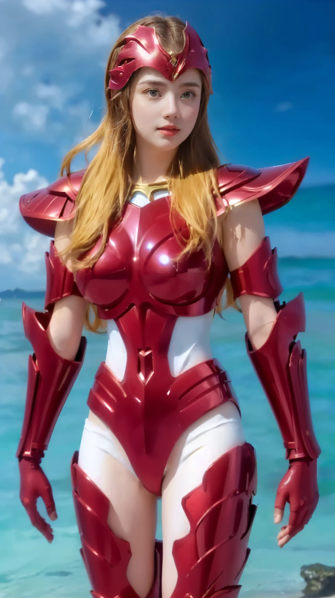 a woman in a red and white suit standing on a beach,Mermaid Tethys armor, Adorable, Charming, Beautiful, German woman, baby face, (Colossal Big Breasts), 30 Years Old, Fair Skin, Facing Front, Portrait, Wind, ((Muscle:1.1)), Long Bangs, Blue Eyes, ((day:1.3)), Standing, HDR, Ultra Detail, EF 24-70mm f/2.8L II USM. a woman in red armor and a white bodysuit stands on the beach, ((Mermaid Tethys armor)), a woman in red golden armor, a zodiac knight girl, red armor, a female kniuught in bikini armor, a portrait of a zodiac knight girl, red armor, shiny armor, bikini armor, bikini armor, wearing shiny chest armor, red armor and a white bodysuit, a girl in Saint Seiya armor. Ukiran armor sangat detai, Realistic.