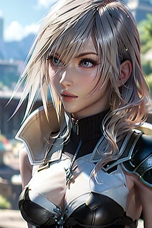 (obra de arte, melhor qualidade, ultra detalhado:1.3), composição perfeita, 4k, (extremamente detalhado, hiper detalhado), iluminação suave, Cru, HDR, Texturas 8K, Detalhe extremo, textura da pele altamente detalhada, detalhes épicos, alta nitidez, 1girls, alternate hair color, alternate hairstyle, areolae, armor, asian, asian female, blonde hair, breasts, breasts out, brown eyes, erect nipples, female, female only, large breasts, lips, lipstick, looking at viewer, makeup, nipples, platinum blonde hair, short hair, solo