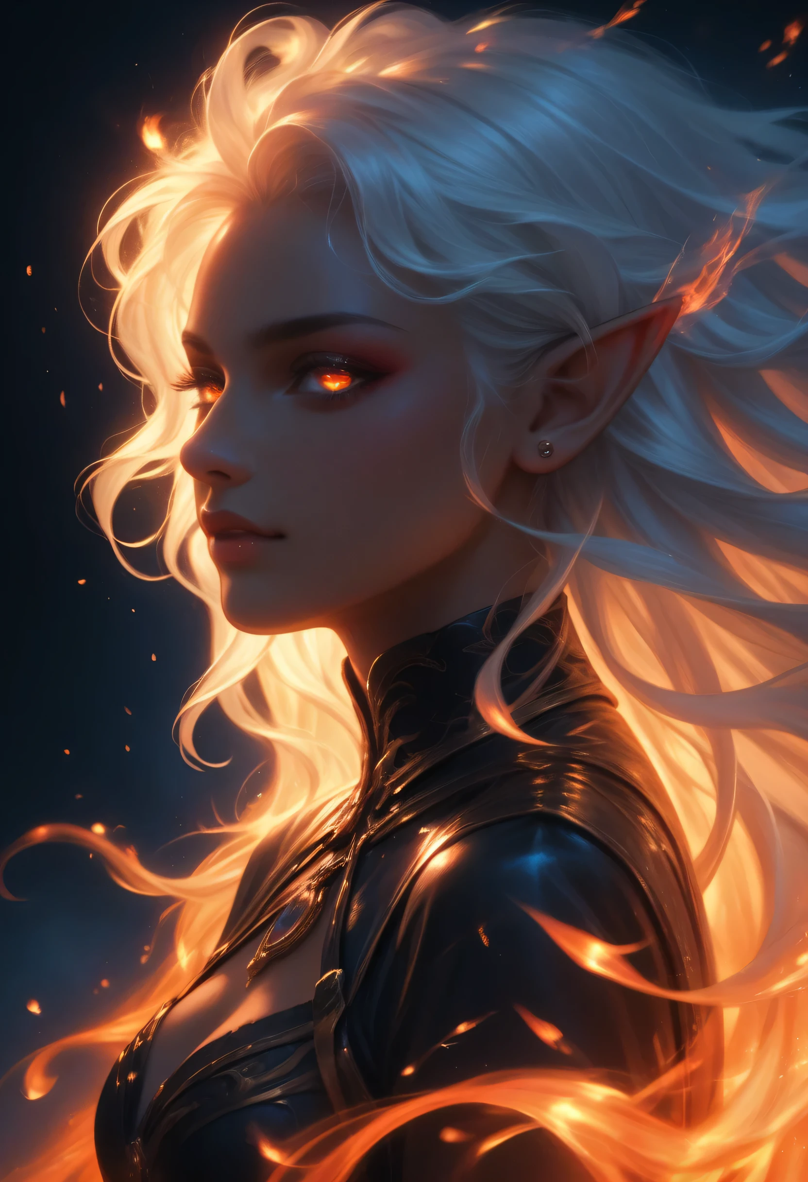 score_9, score_8_up, score_7_up, a portrait of a female dark elf, black skin, white hair, long hair, wavy hair, flowing hair, sparkling fiery eyes, there are jewelry in her hair. best quality, 16k, ultra detailed, masterpiece, best quality, (extremely detailed), dynamic angle, ultra wide shot, photorealistic, RAW, fantasy art, dnd art,fantasy art, realistic art,  GlowingRunesAI_red
