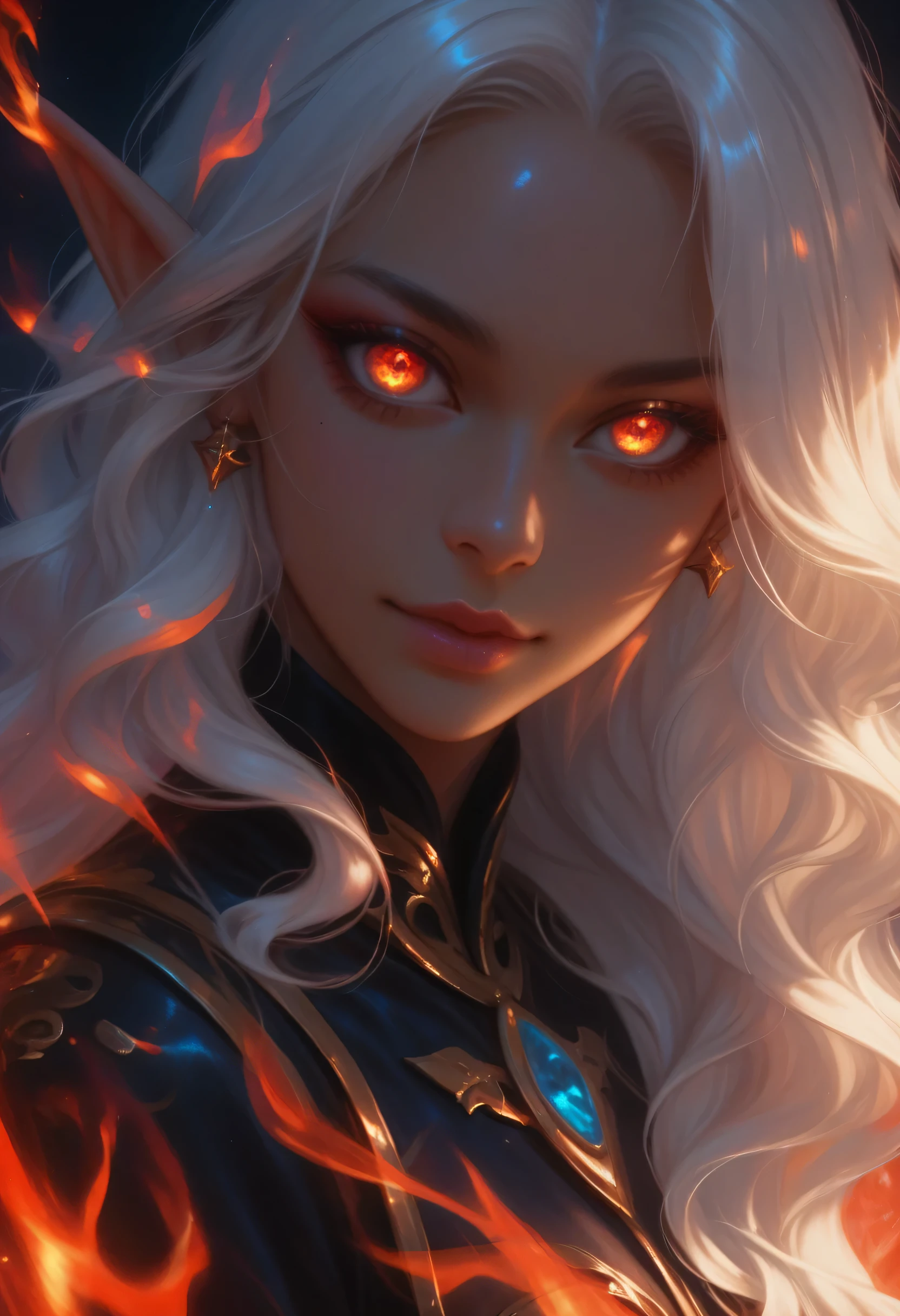 score_9, score_8_up, score_7_up, a portrait of a female dark elf, black skin, white hair, long hair, wavy hair, flowing hair, sparkling fiery eyes, there are jewelry in her hair. best quality, 16k, ultra detailed, masterpiece, best quality, (extremely detailed), dynamic angle, ultra wide shot, photorealistic, RAW, fantasy art, dnd art,fantasy art, realistic art,  GlowingRunesAI_red