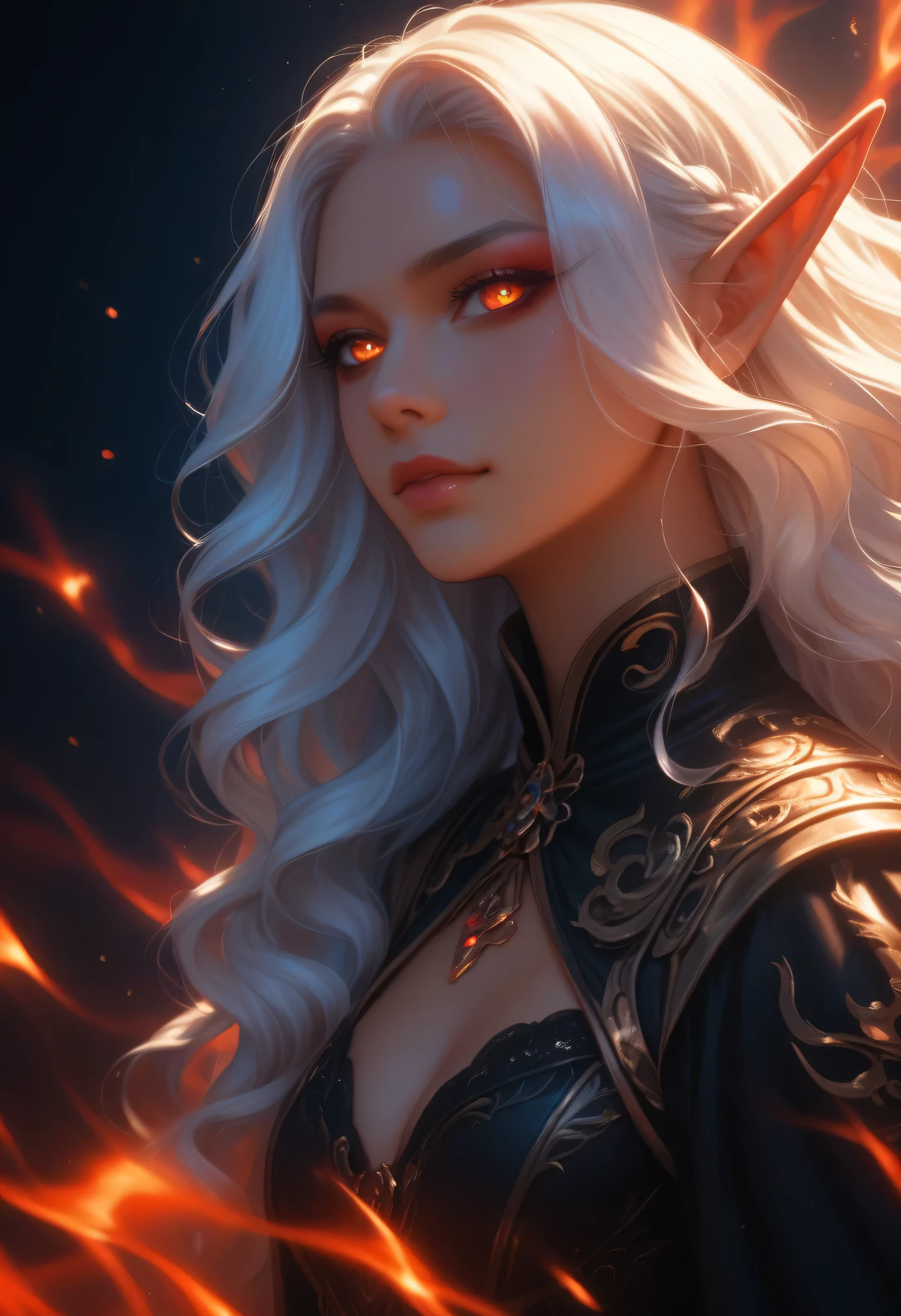 score_9, score_8_up, score_7_up, a portrait of a female dark elf, black skin, white hair, long hair, wavy hair, flowing hair, sparkling fiery eyes, there are jewelry in her hair. best quality, 16k, ultra detailed, masterpiece, best quality, (extremely detailed), dynamic angle, ultra wide shot, photorealistic, RAW, fantasy art, dnd art,fantasy art, realistic art, GlowingRunesAI_red