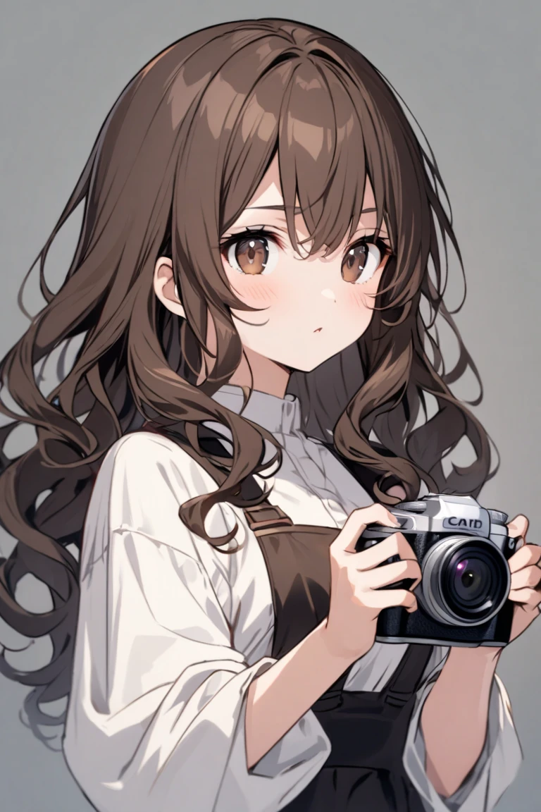 Can you create a girl with wavy hair at the tips and dark brown eyes holding a camera