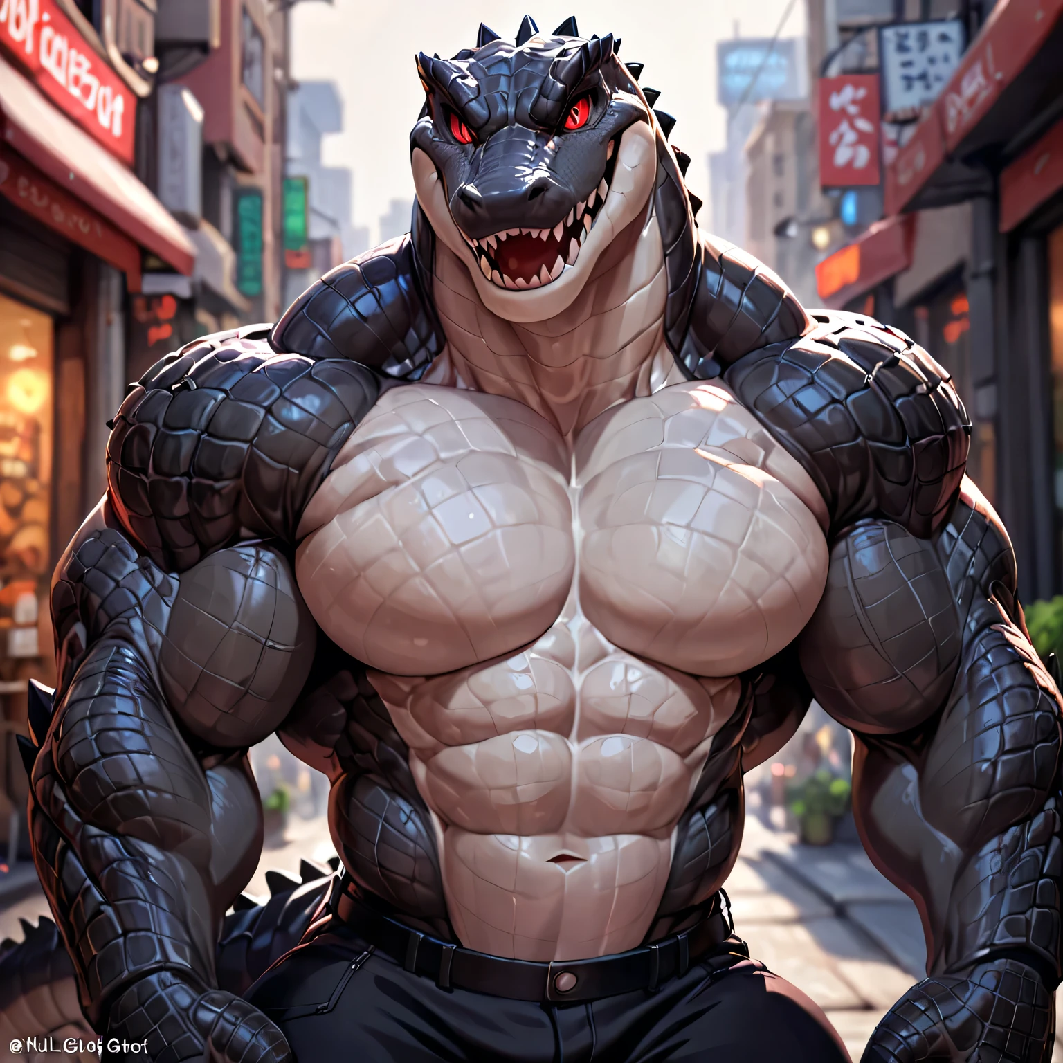 Muscular Godzilla, Pectoralis major, Heavyweight, Bodybuilder, Wearing a white jacket, skirt, Big bulge, Standing while playing with smartphone, In public buildings, Bright smile expression, Glowing skin, Vibrant colors, 4K, realism, Cool lighting