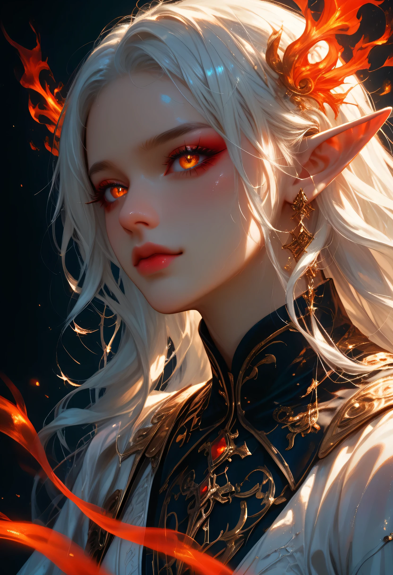 This (realistic fantasy) art contains embers, real flames, real heat, and realistic fire. Generate a masterpiece artwork of a petite female fire druid with large (((orange and gold))) eyes. The fire druid is awe-inspiring with beautiful ((realistic fiery eyes)) alight with confidence and power. Her features are elegant and well defined, with ((soft and puffy lips)), elven bone structure, and realistic shading. Her eyes are important and should be the focal point of this artwork, with ((extremely realistic details, macro details, and shimmer.)) She is wearing a billowing and glittering dress made of realistic flames and jewels that glimmer in the fire light. Wisps of fire and smoke line the intricate bodice of the dress. Include bumps, stones, fiery iridescence, glowing embers, silk and satin and leather, an interesting background, and heavy fantasy elements. Camera: Utilize dynamic composition techniques to enhance the realistic flames.