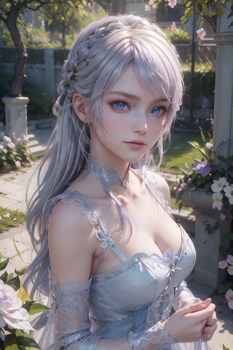 The tooltip for a given topic is as follows: "Girl with a European face, Aryan face, Silvery-purple hair, pale purple blue hair, Bright blue eyes, hair tied and falling over the right shoulder. she has a (Best Quality, 4k, 8K, hight resolution, Masterpiece:1.2) Ultra-detailed features, including realistic, Photorealistic eyes and face. The image shows a medium (Insert Material) that resembles an illustration, oil painting, or 3D rendering. Girl in garden with bright flowers and sharp focus, soft studio lighting. The overall atmosphere is calm and serene, with a touch of unearthly beauty. The color scheme is dominated by shades of black, Creating a dreamy and surreal aesthetic."