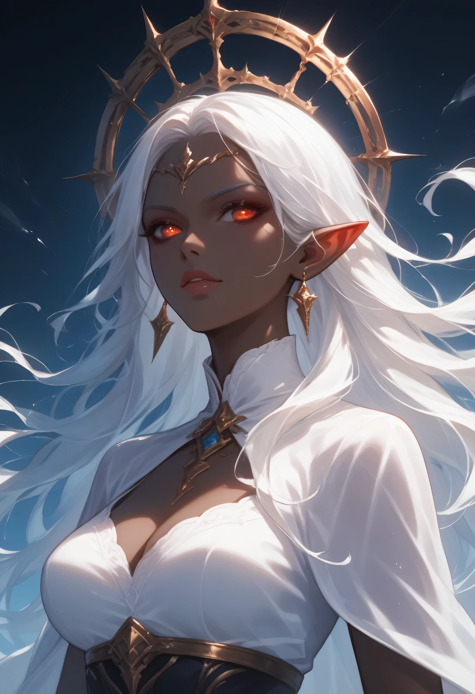 score_9, score_8_up, score_7_up, a portrait of a female dark elf, black skin, white hair, long hair, wavy hair, flowing hair, sparkling fiery eyes, there are jewelry in her hair. best quality, 16k, ultra detailed, masterpiece, best quality, (extremely detailed), dynamic angle, ultra wide shot, photorealistic, RAW, fantasy art, dnd art,fantasy art, realistic art, GlowingRunesAI_red, fantasy