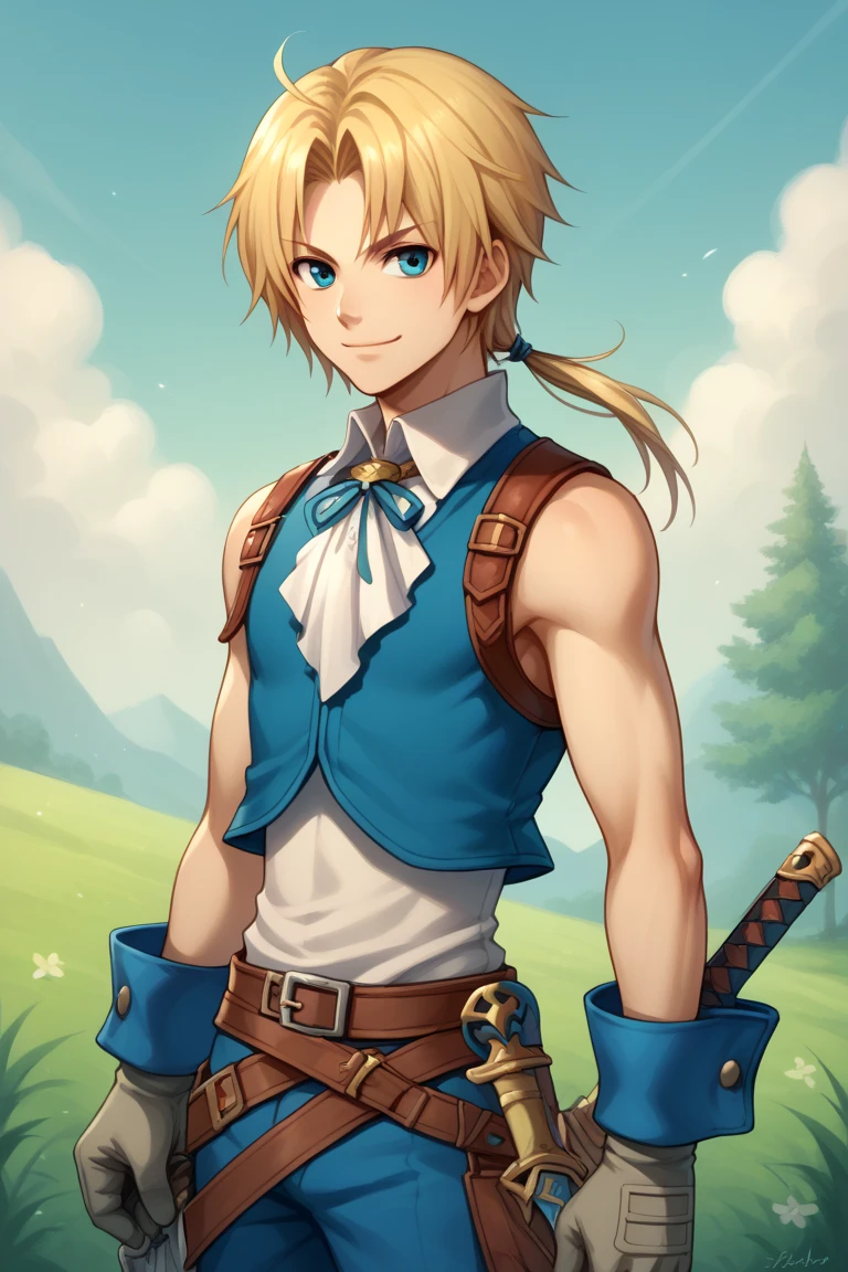 ((Best quality)), ((masterpiece)), (detailed), ((perfect face)), ((halfbody)) handsome face, male, teen boy, perfect proportions , a character from anime fairy tail, blonde hair, male version , hiro mashima art, detailed ghibli forest background, detailed ghibli scenery background