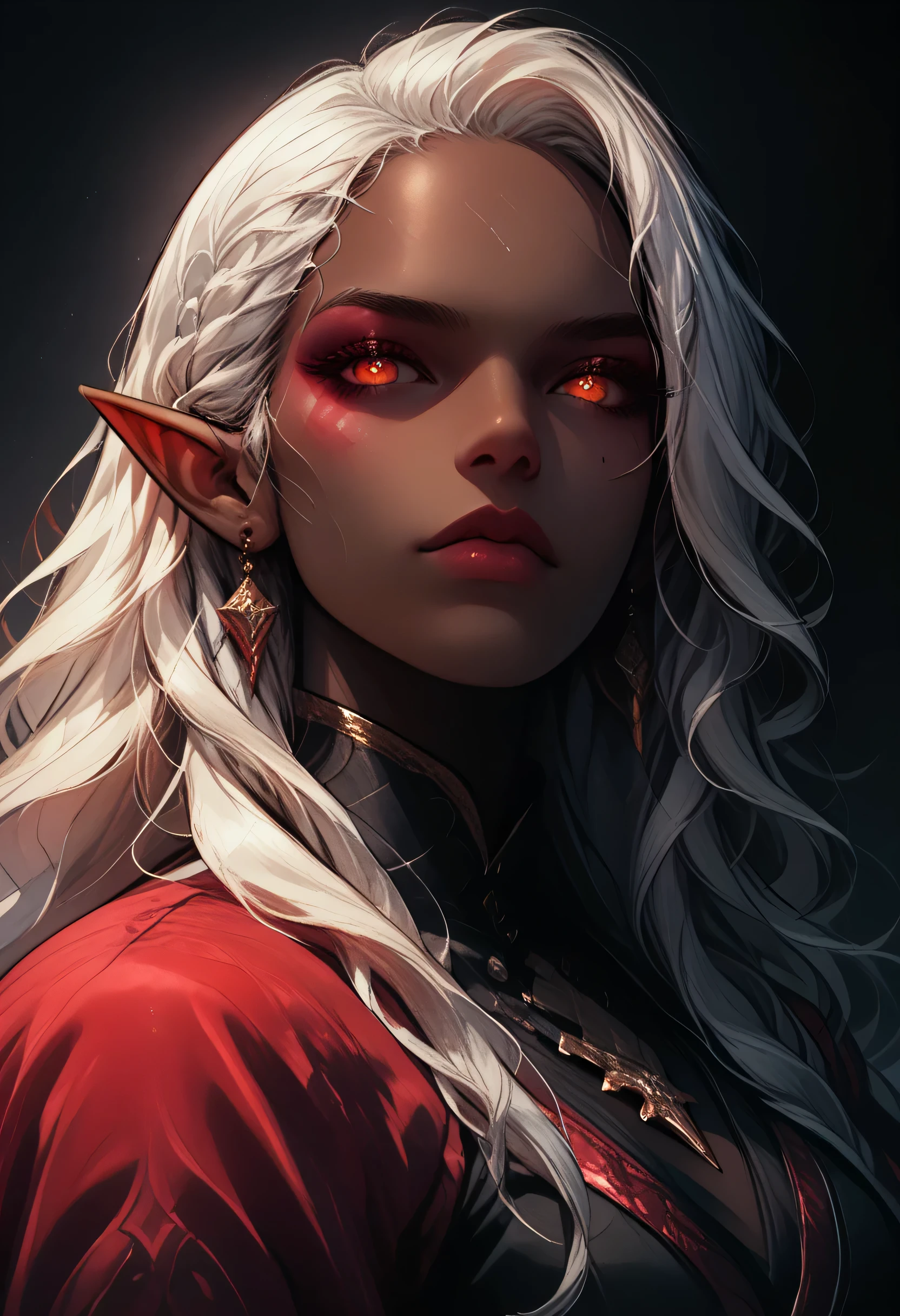 score_9, score_8_up, score_7_up, a portrait of a female dark elf, black skin, white hair, long hair, wavy hair, flowing hair, sparkling fiery eyes, there are jewelry in her hair. best quality, 16k, ultra detailed, masterpiece, best quality, (extremely detailed), dynamic angle, ultra wide shot, photorealistic, RAW, fantasy art, dnd art,fantasy art, realistic art, GlowingRunesAI_red, fantasy