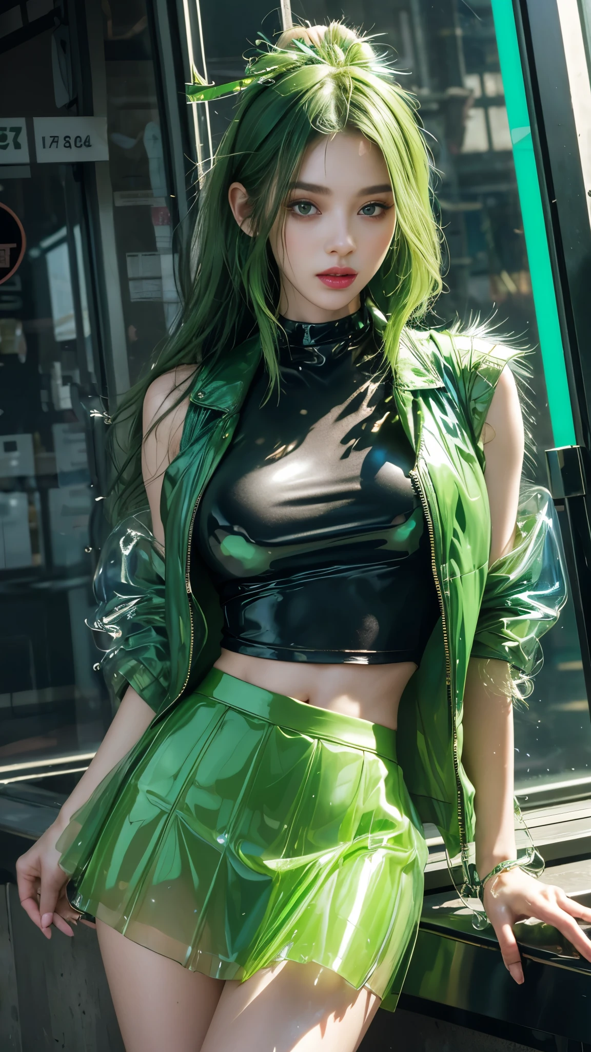 neon city, long hair, cyber punk, school girl, green hair, Beautiful thighs, colossal tits, white tank top