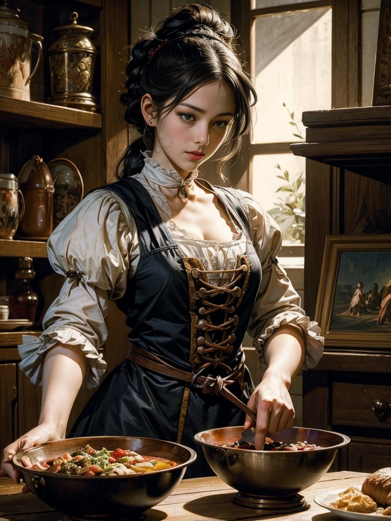 image of a female cook setting the table,  beautiful art illustration,  wonderful , Beauty,  highest quality ,  official image ,  for women only,  Clear outline , melancholy , nostalgia, nostalgia, perfect anime ,  In search of lost time , sentimental,  Amsterdam in the first half of the 18th century,  style Caravaggio