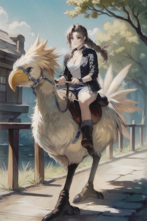 masterpiece, best quality, hazukishino, nurse, nurse cap, white legwear, white pantyhose, glasses, looking at viewer, huge breasts, sky, trees, smile, looking at viewer, field <lora:hazukishino-ch-richy-v1:1> <lora:chocobo-nvwls-v1:1> riding chocobo, chocobo