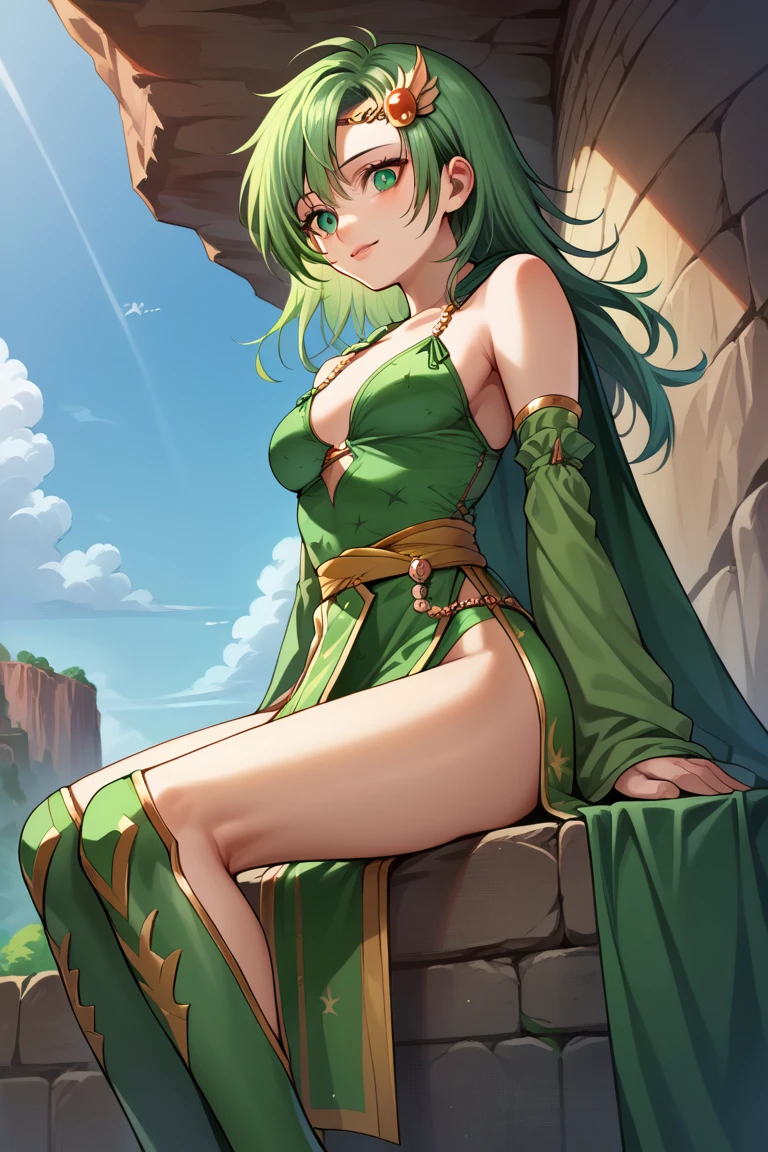 top-quality、Top image quality、masterpiece、An elf girl((18year old、Best Bust、big bast,Beautiful green eyes、Breasts wide open, Green Twin Tail、a little muscular、Large valleys、Reflecting the whole body、Green Scarf、White robed clothes、Green Wind Aura、Physical education sitting))hiquality、Beautiful Art、Background with((natta、mountain path、Large grasslands,Burning Fire、teepee)))、,masutepiece、visualart、depth of fields、