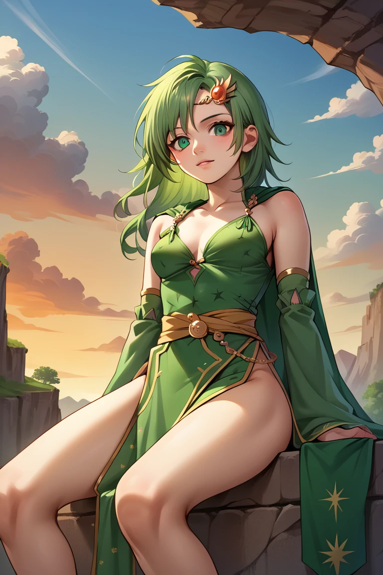 masterpiece, best quality, absurdres, <lora:lene_fe_v1:1>, lene,
1girl, solo, dancing, floating hair, motion lines, jewelry, green hair, ponytail, green eyes, navel, midriff, pelvic curtain, bare legs, bare hips, hair ribbon, ribbon, fine fabric emphasis, cleavage, gold trim, bracelet, sandals, necklace, earrings, shawl,
field, sunlight, sunbeam,