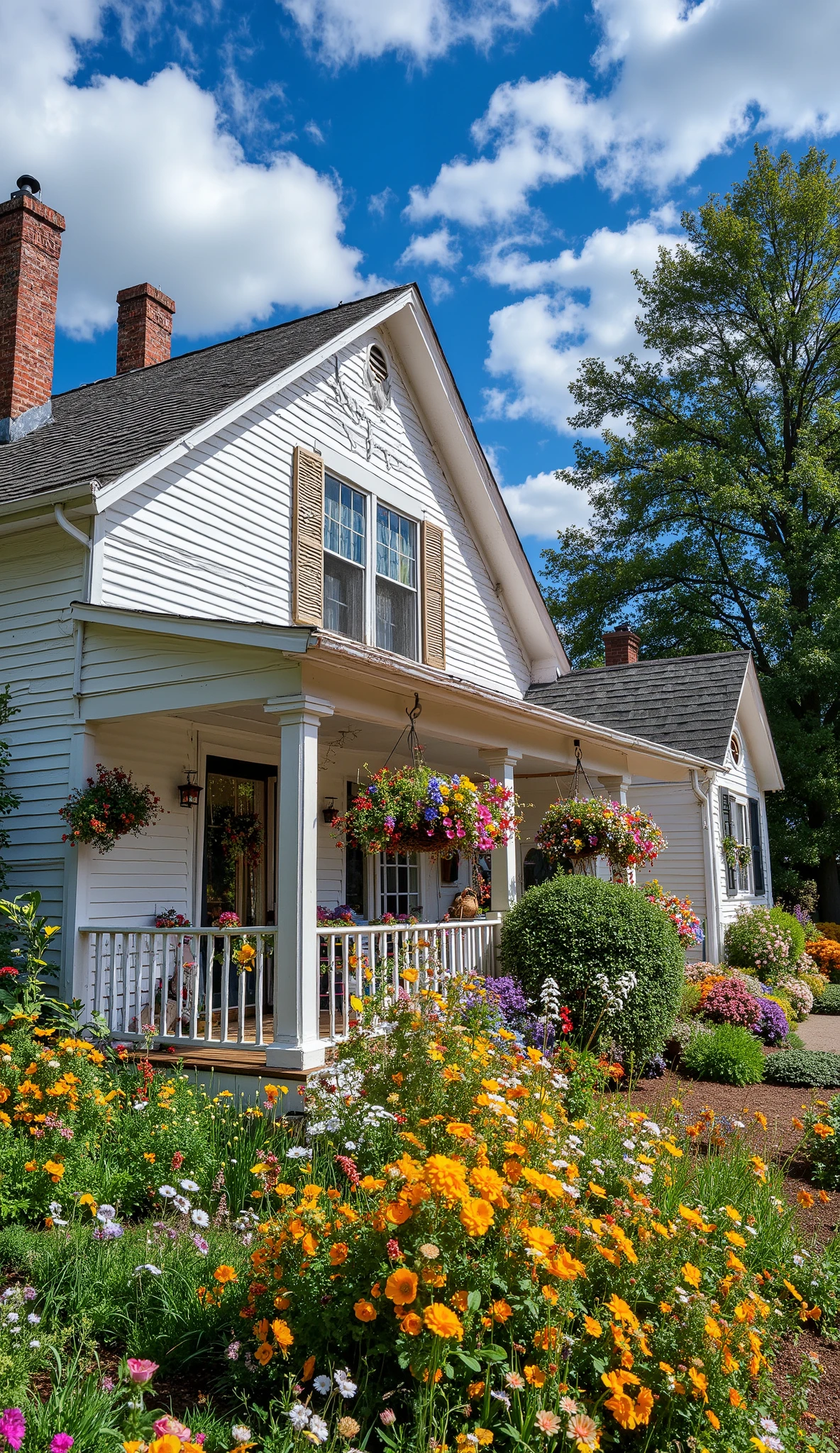 "A charming countryside farmhouse with classic white wooden siding and a cozy front porch, adorned with hanging flower baskets. The house features two red-brick chimneys, large windows with shutters, and a beautifully sloped roof. The front yard is filled with a vibrant, lush flower garden, blooming with daisies, roses, sunflowers, and a variety of colorful wildflowers. The sky above is bright blue with fluffy white clouds, creating a warm and inviting atmosphere. Tall green trees frame the scene, adding to the tranquil and picturesque rural setting."