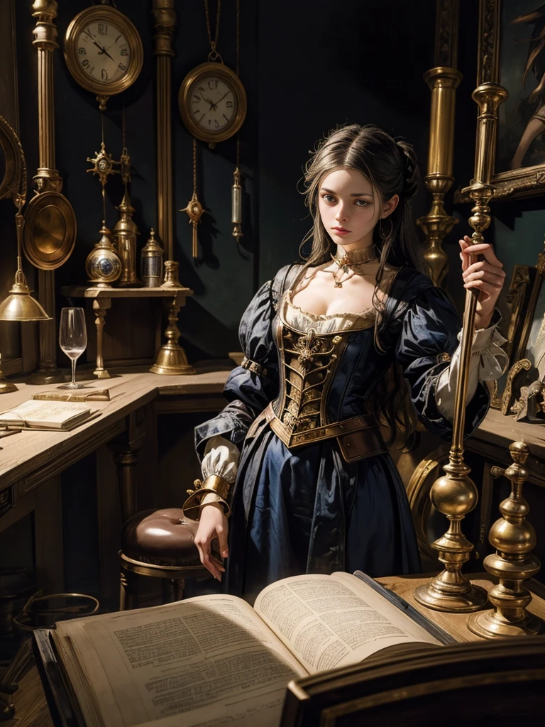 image of a female alchemist in an alchemy lab, } beautiful art illustration,  wonderful , Beauty,  highest quality ,  official image ,  for women only,  Clear outline , melancholy , nostalgia, nostalgia, perfect anime ,  In search of lost time , sentimental, Amsterdam in the first half of the 18th century,  style Caravaggio