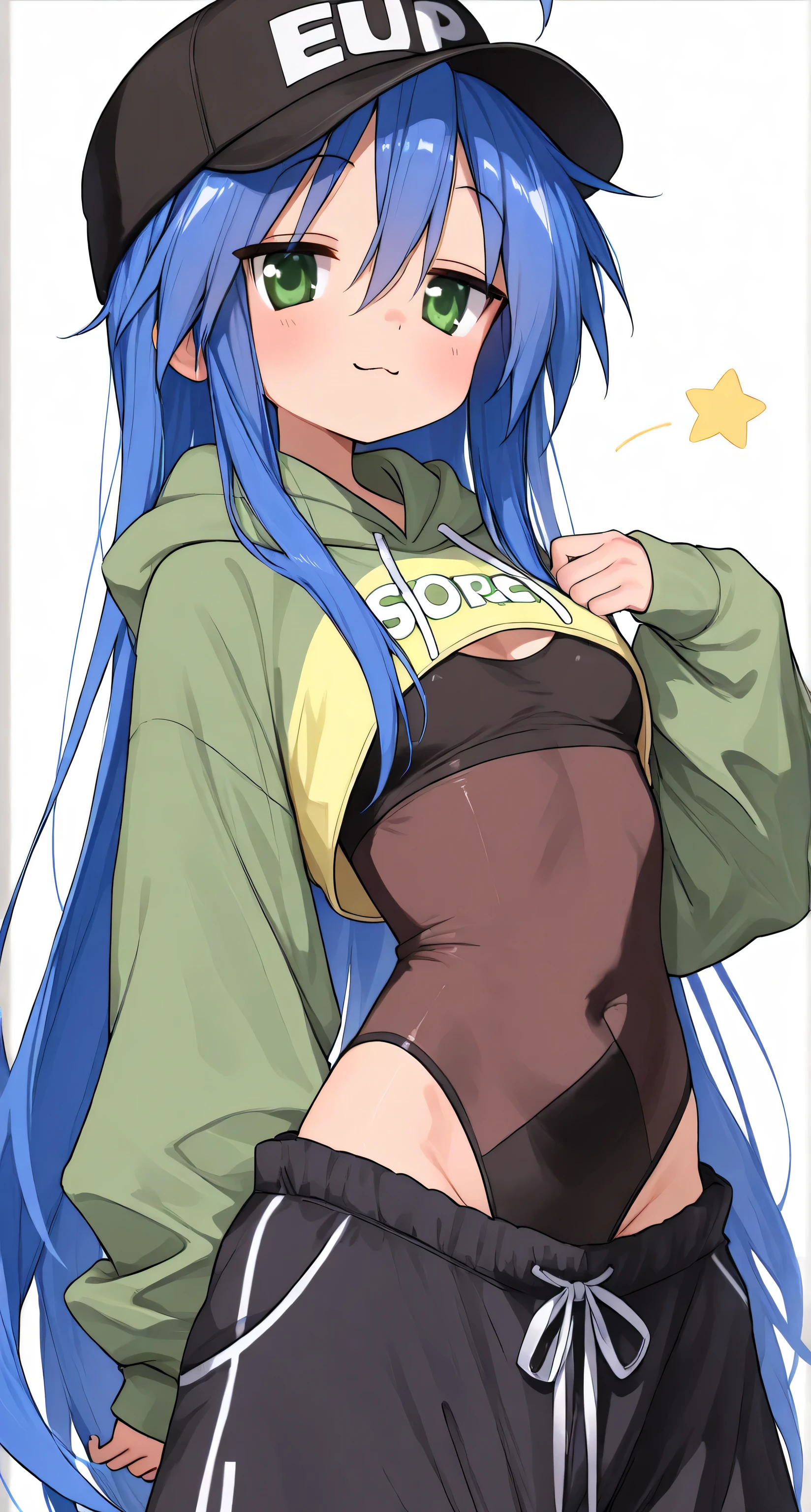 score_9, score_8_up, source_アニメ,アニメ style,empty eye,Green Hair,Red eyes,blunt bangs,long hair,Very young,cool eye,((1girl)),shiny skin,School swimsuit,Lewd