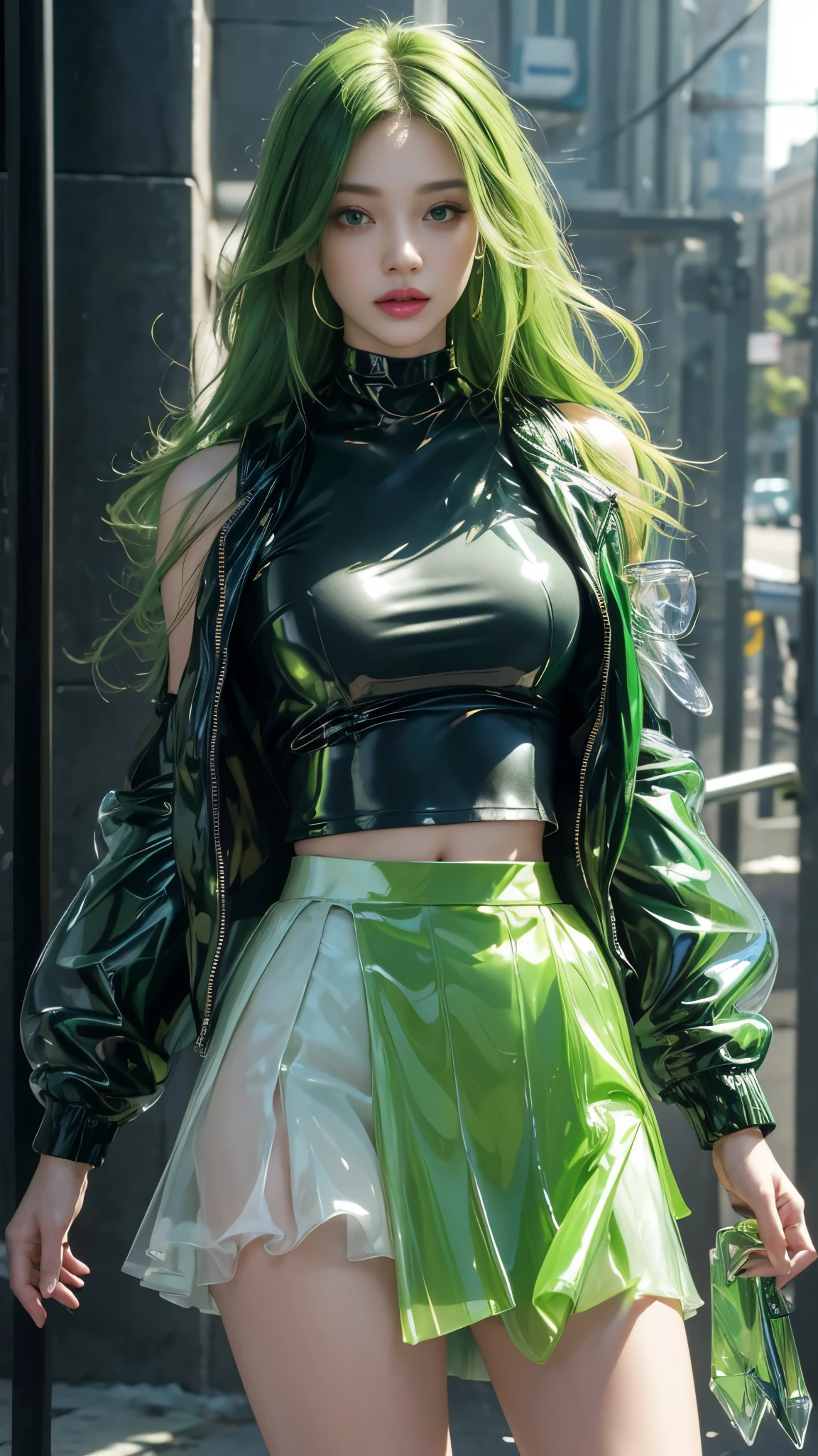 Gorgeous woman, holding a signage board called "1000", with green long hair, wearing a skirt and blouse, neon lights on the background, portrait close up view