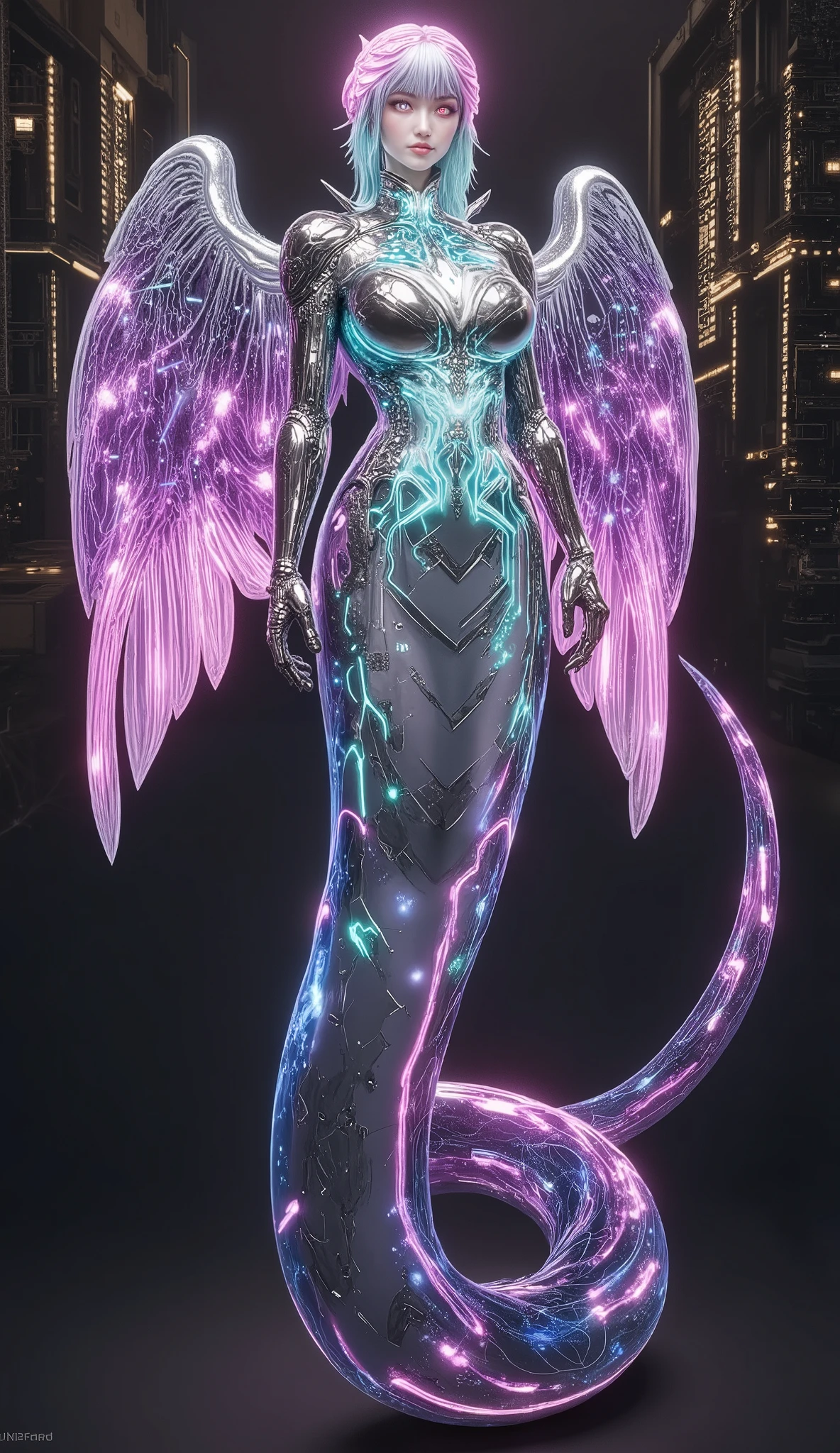Create a massive, futuristic Serpent Woman, towering above a vast, quantum cyber city. Her upper body is human, but armored in sleek, advanced combat gear, featuring futuristic plating, glowing circuits, and neon accents, giving her the appearance of a high-tech warrior. The armor is intricately designed, with smooth, metallic surfaces and sharp geometric edges that reflect the pulsating energy of the city. Her porcelain skin peeks through the armor, adorned with glowing circuit-like patterns, adding a blend of organic elegance and cutting-edge technology. Her long, flowing hair is a cascade of metallic silver, interwoven with electric-blue strands, pulsating like living wires, and glowing with powerful energy. Her eyes emit a radiant, vibrant glow, brimming with ancient knowledge and futuristic power. Below her waist, her body seamlessly transforms into a colossal, coiling serpent tail, covered in iridescent scales that shimmer in neon shades of purple, green, and blue. The scales are etched with intricate digital patterns, flickering with energy that mirrors the city’s high-tech environment. From her back, massive translucent wings unfold, resembling glowing digital grids and shimmering holograms. These wings pulse with electric energy, amplifying the overwhelming power flowing through her serpent tail. She stands amidst the towering spires and luminous streets of a quantum cyber city, with neon lights and holographic projections illuminating the futuristic landscape. The city is a vast expanse of interconnected metallic structures, glowing circuit patterns running along the surfaces, creating an awe-inspiring, technological wonder. The air is filled with energy and digital hums, a perfect fusion of nature, technology, and quantum innovation. Her imposing, yet graceful presence exudes both beauty and supreme power, as if she is the protector and ruler of this futuristic world, balancing both the ancient and the cutting-edge.
