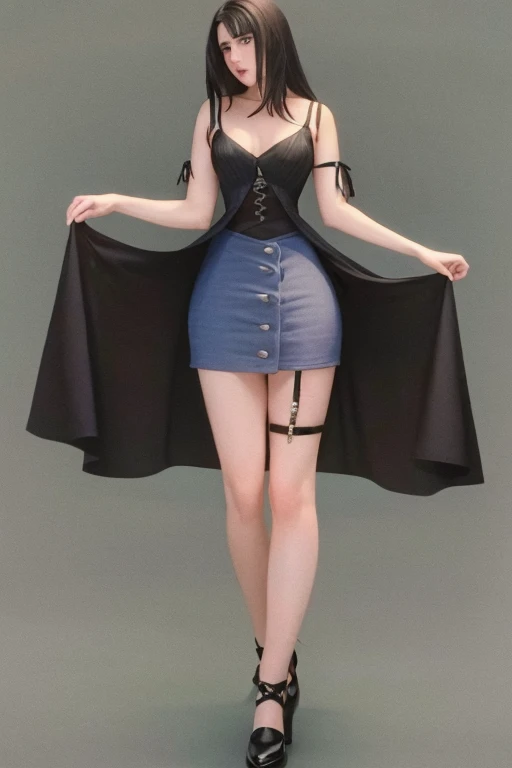 （（dark light，top-quality，8k，tmasterpiece：1.3）），（focal：1.2），1girll，（hilltop，Sea of Clouds，big trees：1.5），（Beauty with slender abs：1.4），（（Layered Hair Style，little breast：1.4）），{no-bra：1.5}，（short denim skirt：1.4）， Highly Detailed Face and Skin Textur， Fine Eye， 二重まぶた， Whitens the skin， （full bodyesbian：1.5），