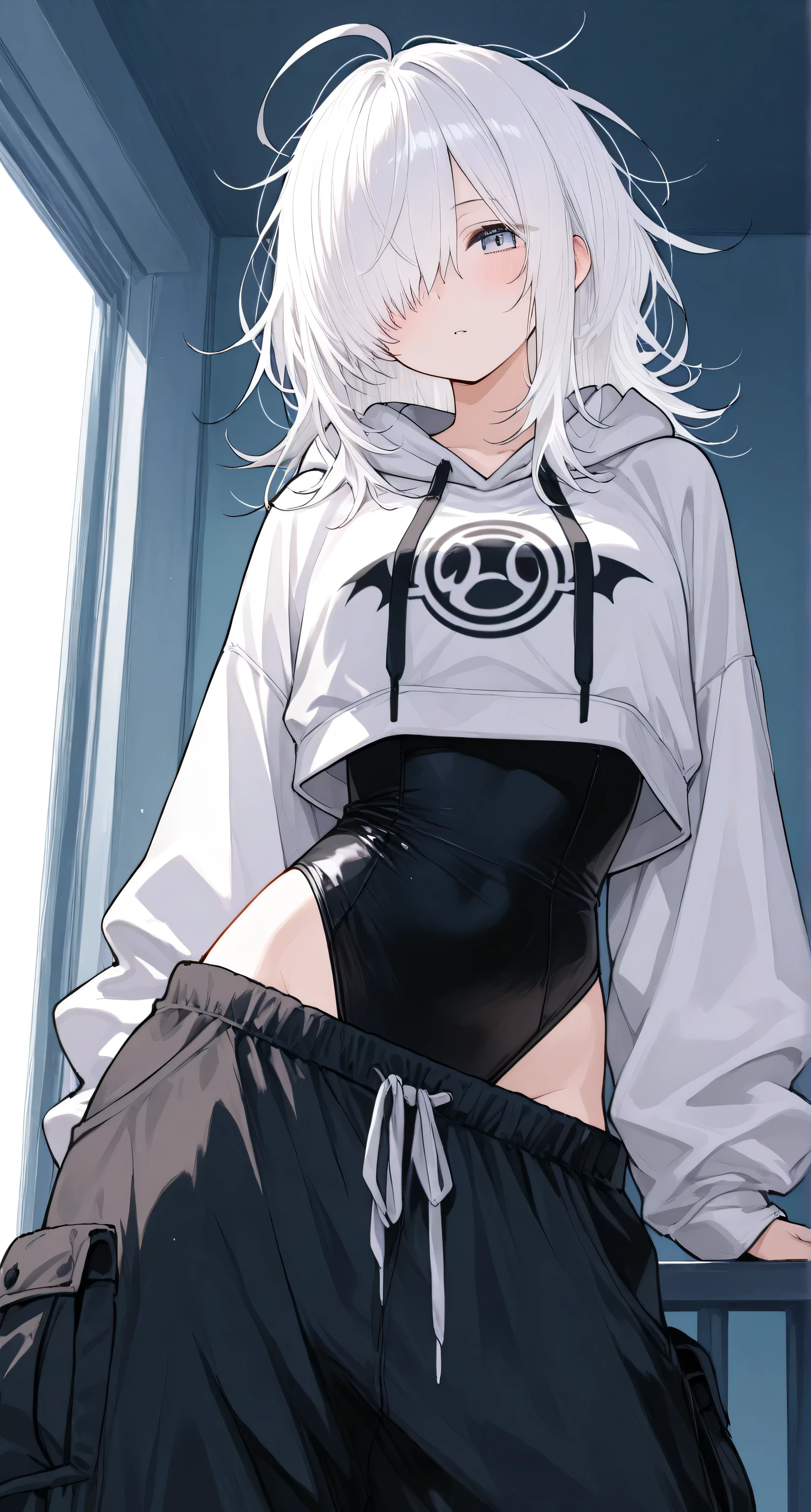 cropped hoodie, leotard, baggy pants, white hair, hair over one eye, messy hair, ahoge, medium hair