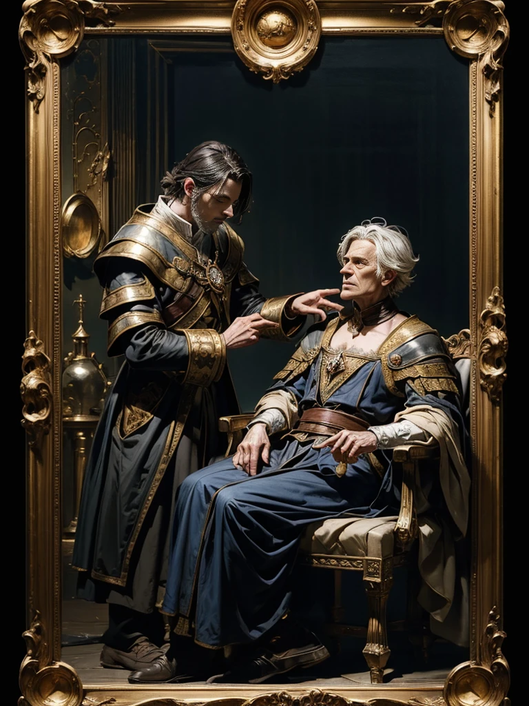 image of an elderly alchemist sitting talking to a young nobleman in an alchemy laboratory,  beautiful art illustration,  wonderful , Beauty,  highest quality ,  official image ,  for women only,  Clear outline , melancholy , nostalgia, nostalgia, perfect anime ,  In search of lost time , sentimental, Madrid in the first half of the 18th century,  style Caravaggio, dynamics,  movement, wind, dark alchemy lab background