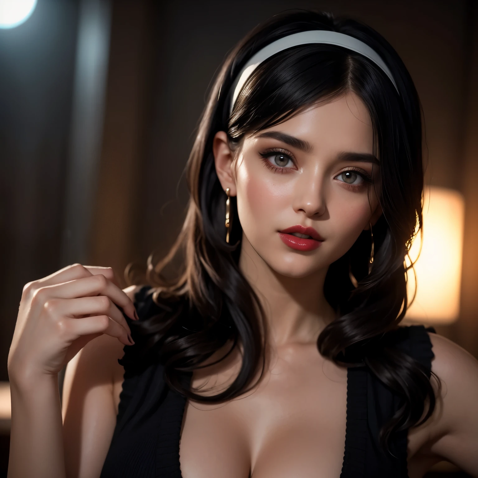 Best quality, 8K, woman, beautiful and detailed face, blod curly long hair, big eyelashes,LOOKING TO observer,beige bodystocking, black belt,SPACESHIP scenario